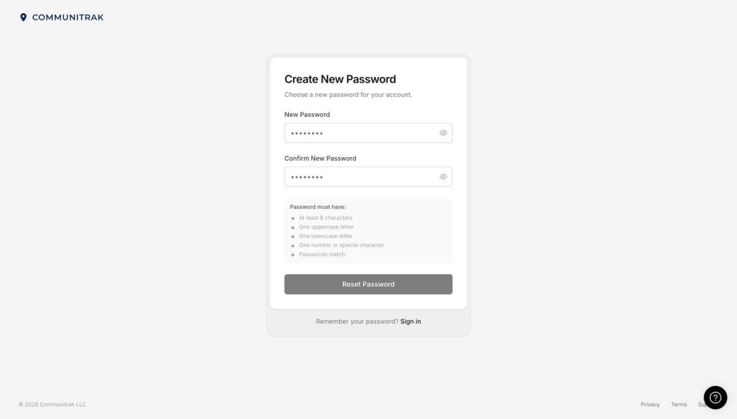 The Create New Password page with the password requirements list