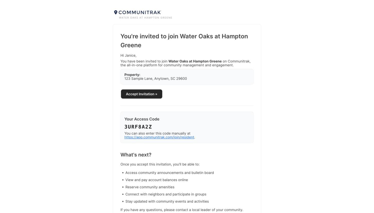 The invitation email with the Accept Invitation button and the Access Code