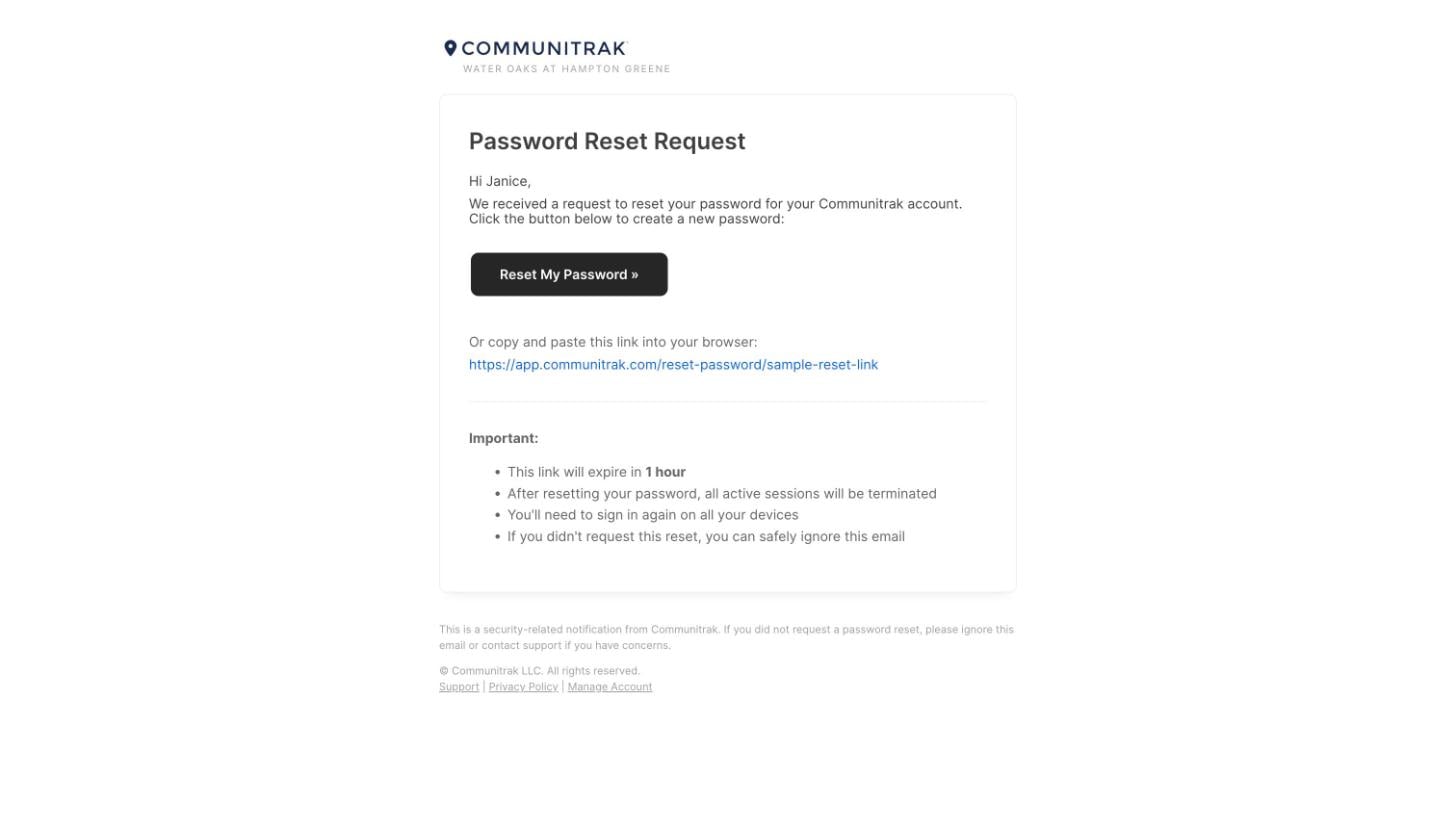 The Password Reset Request email with the Reset My Password button