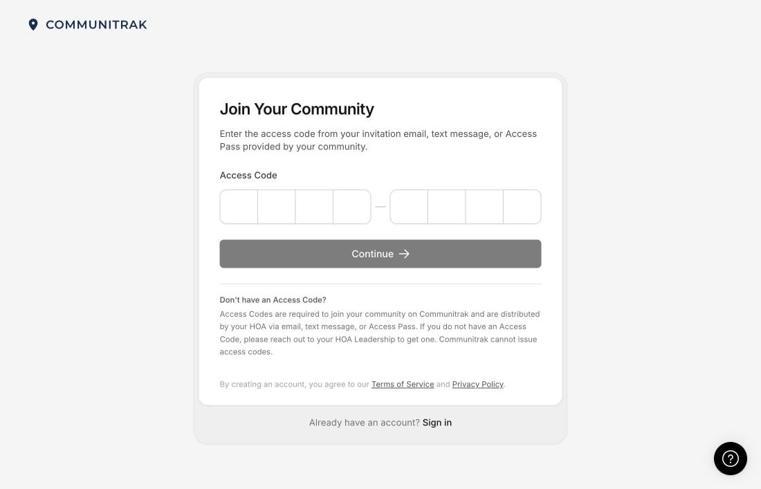 The Join Your Community page with the Access Code boxes