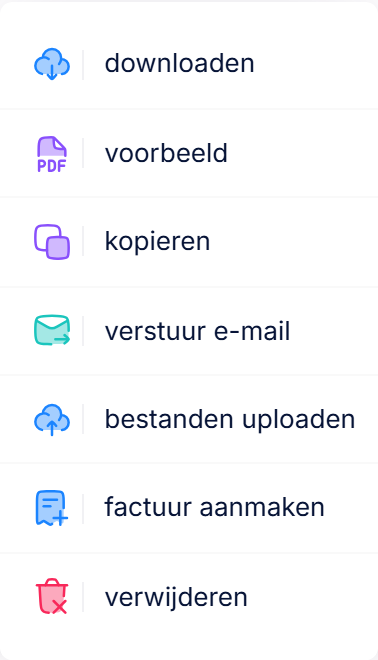 Het actiemenu bij een offerte met downloaden, voorbeeld, kopieren, verstuur e-mail, bestanden uploaden, factuur aanmaken en verwijderen