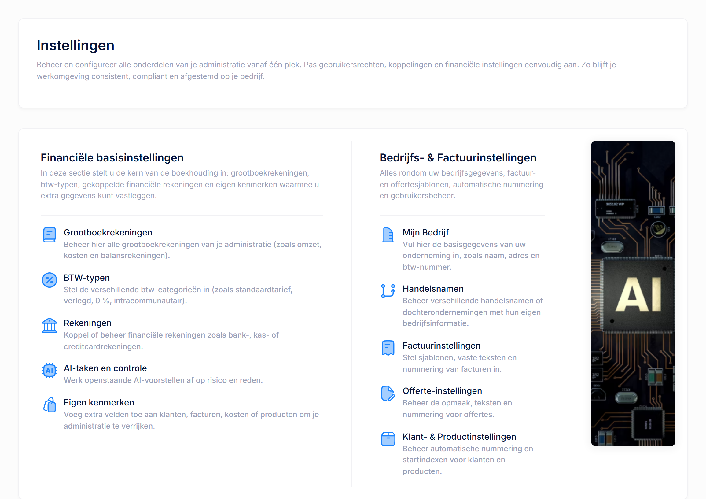 De instellingenpagina met de groepen waarin de instellingen zijn verdeeld