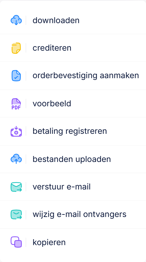 Het actiemenu bij een factuur met downloaden, crediteren, orderbevestiging aanmaken, voorbeeld, betaling registreren, bestanden uploaden, verstuur e-mail, wijzig e-mail ontvangers en kopieren