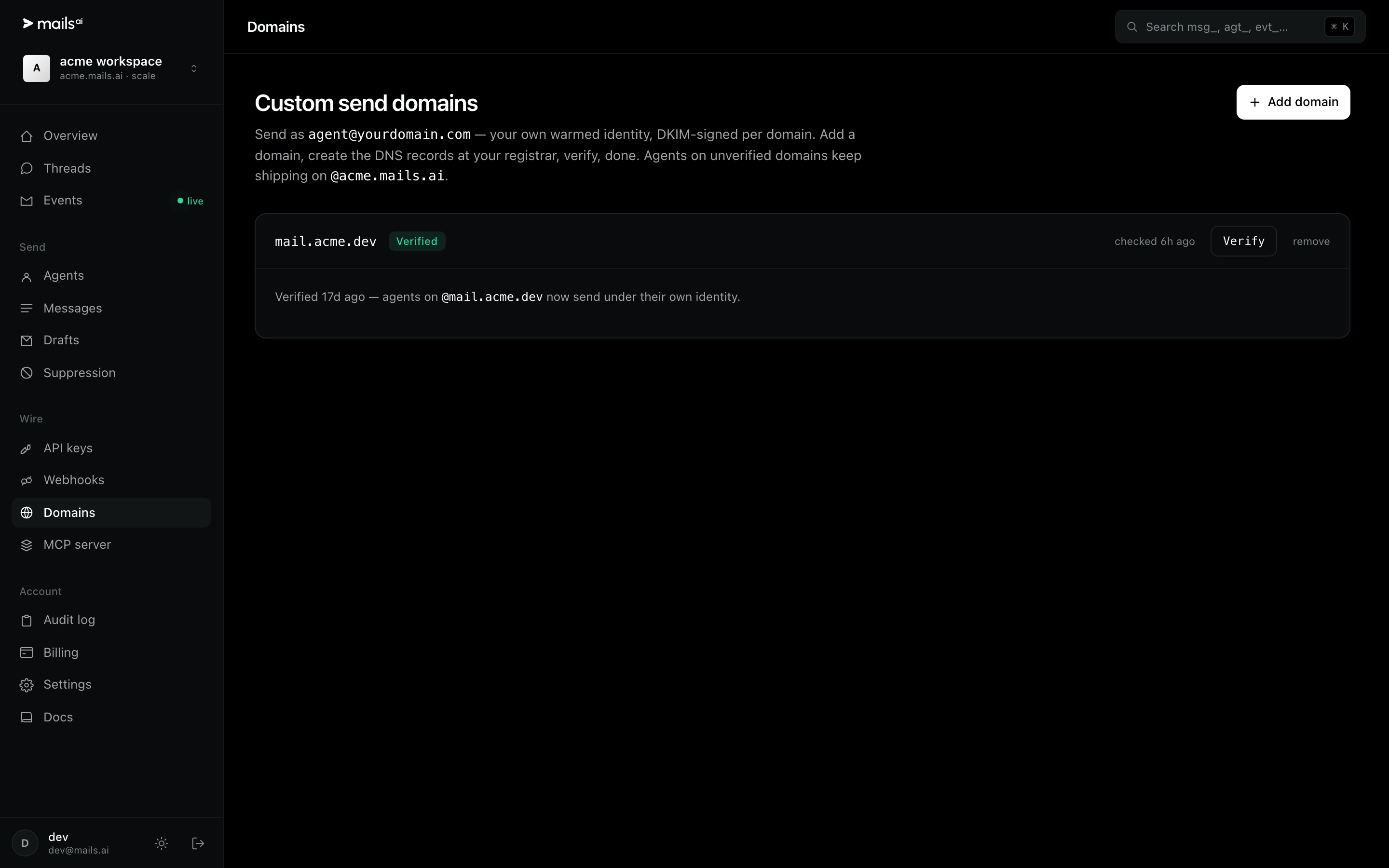 The domains page with a verified custom domain