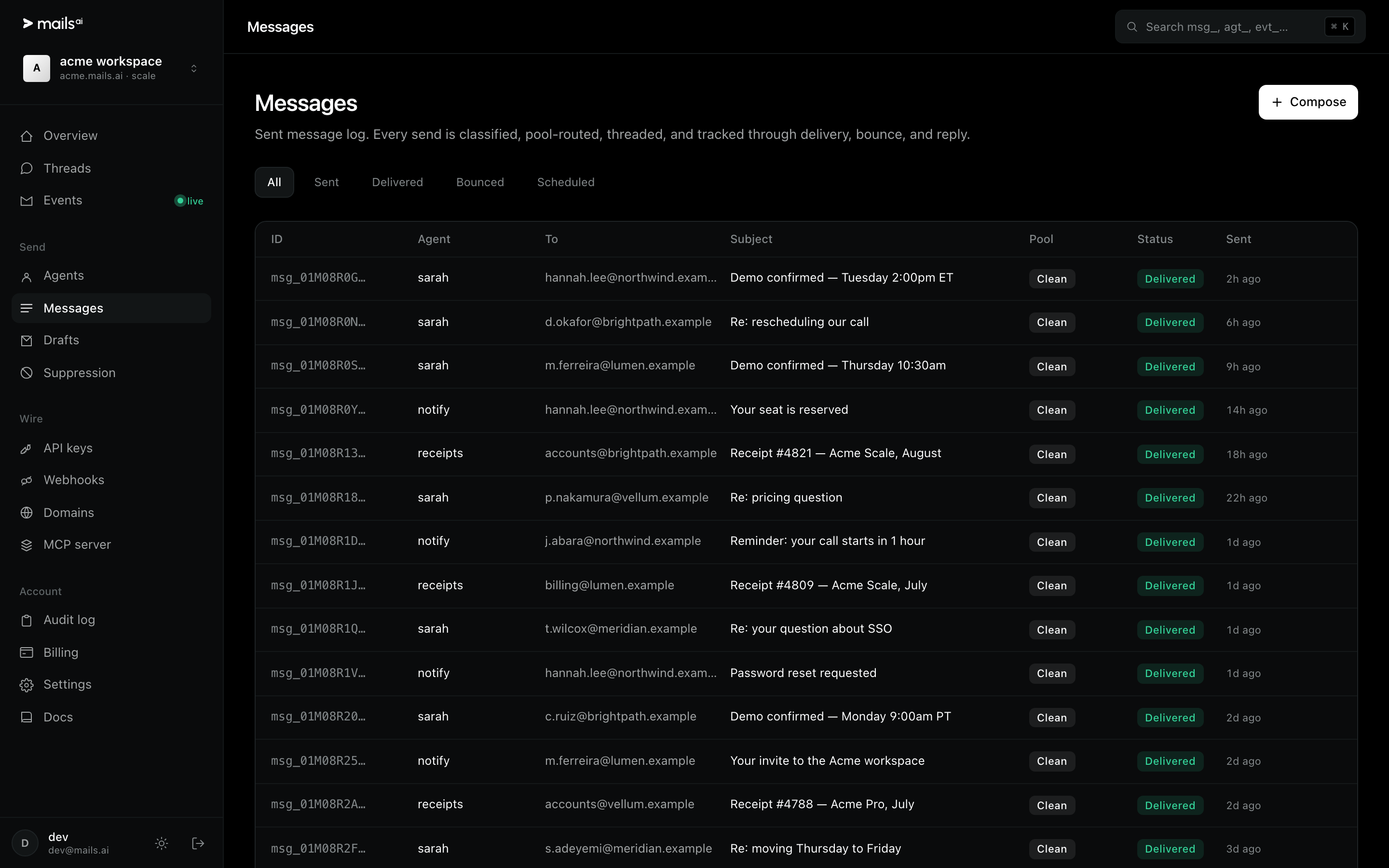 The message log with pool, status and per-message detail