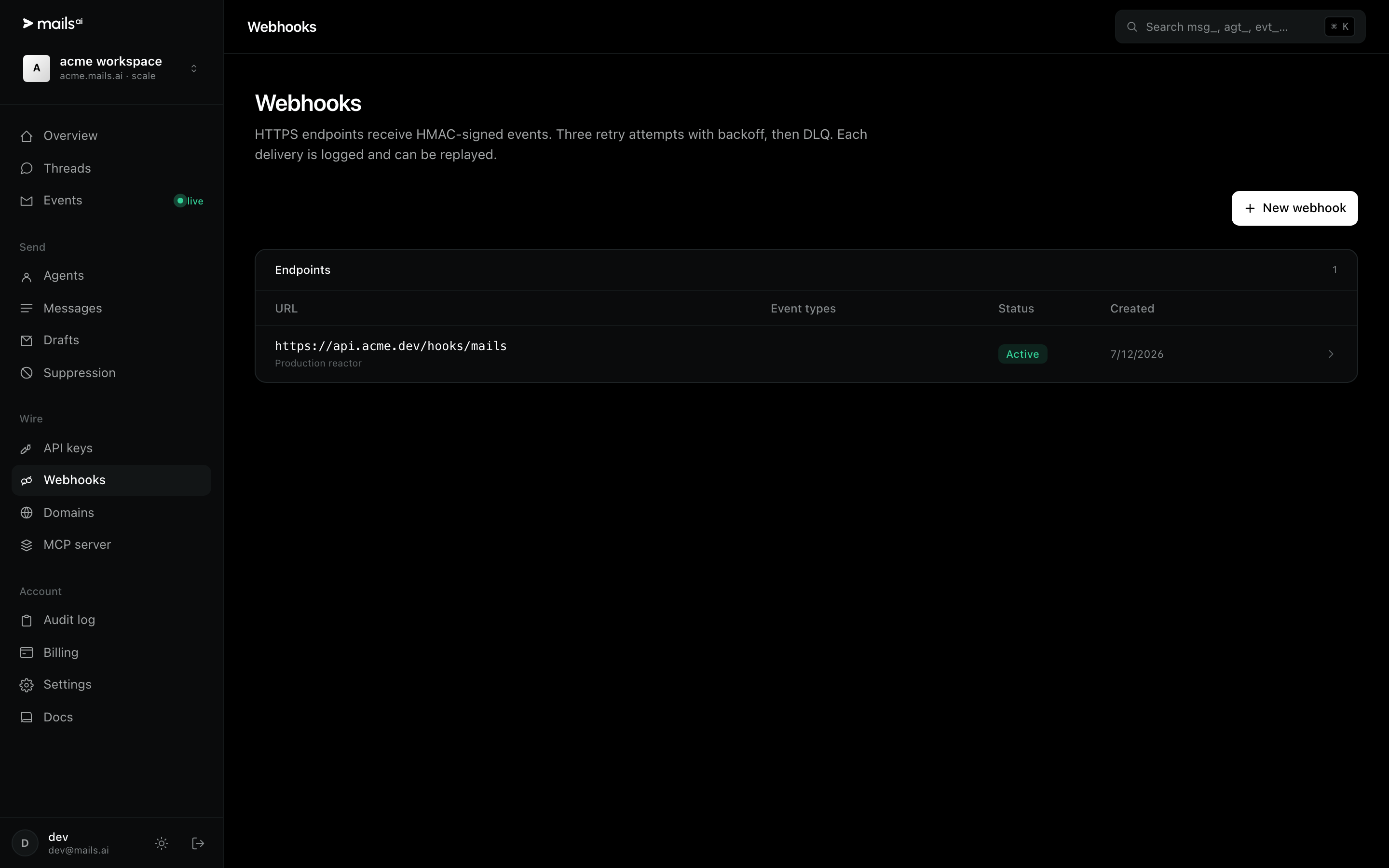 The webhooks page listing an endpoint, its event types and its status