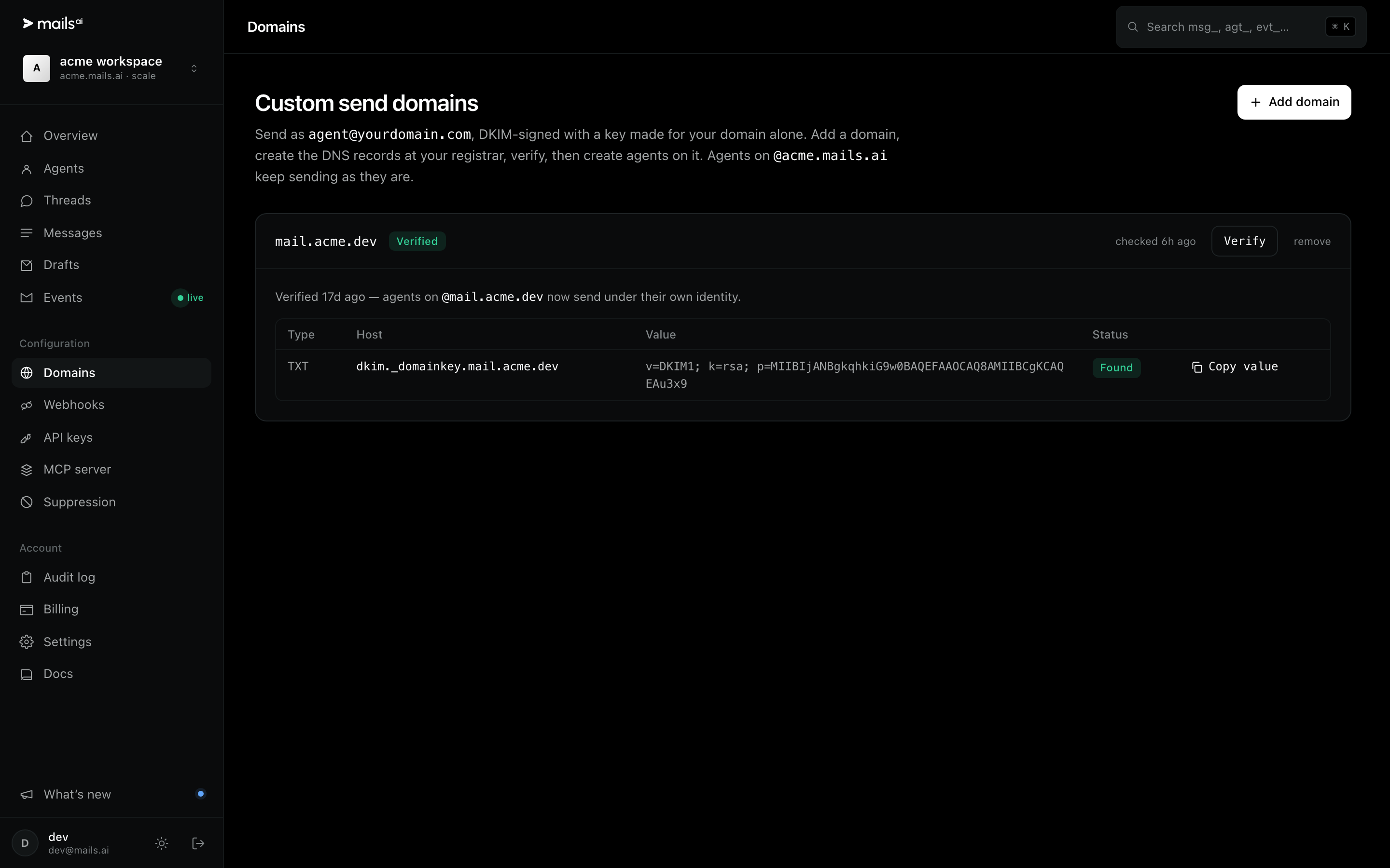 The Domains page with mail.acme.dev verified and its DKIM record found