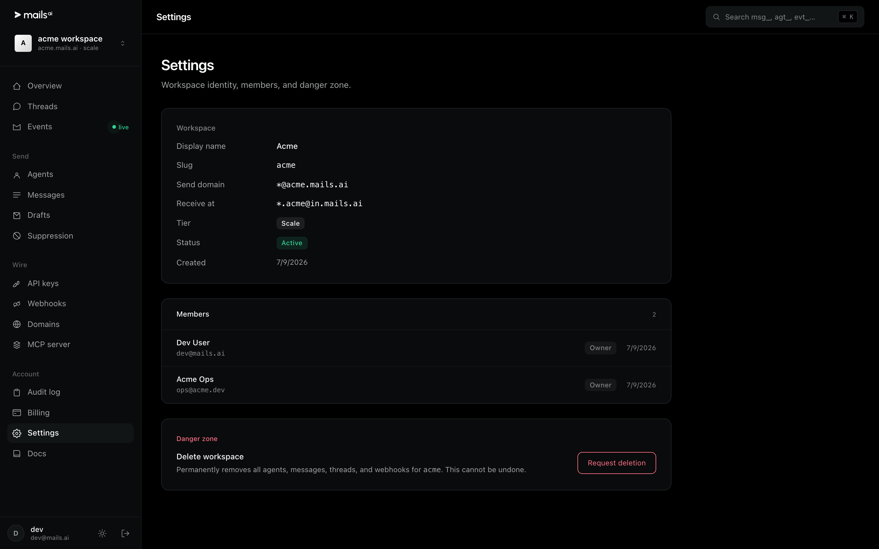 The Settings page with workspace details, members and the danger zone