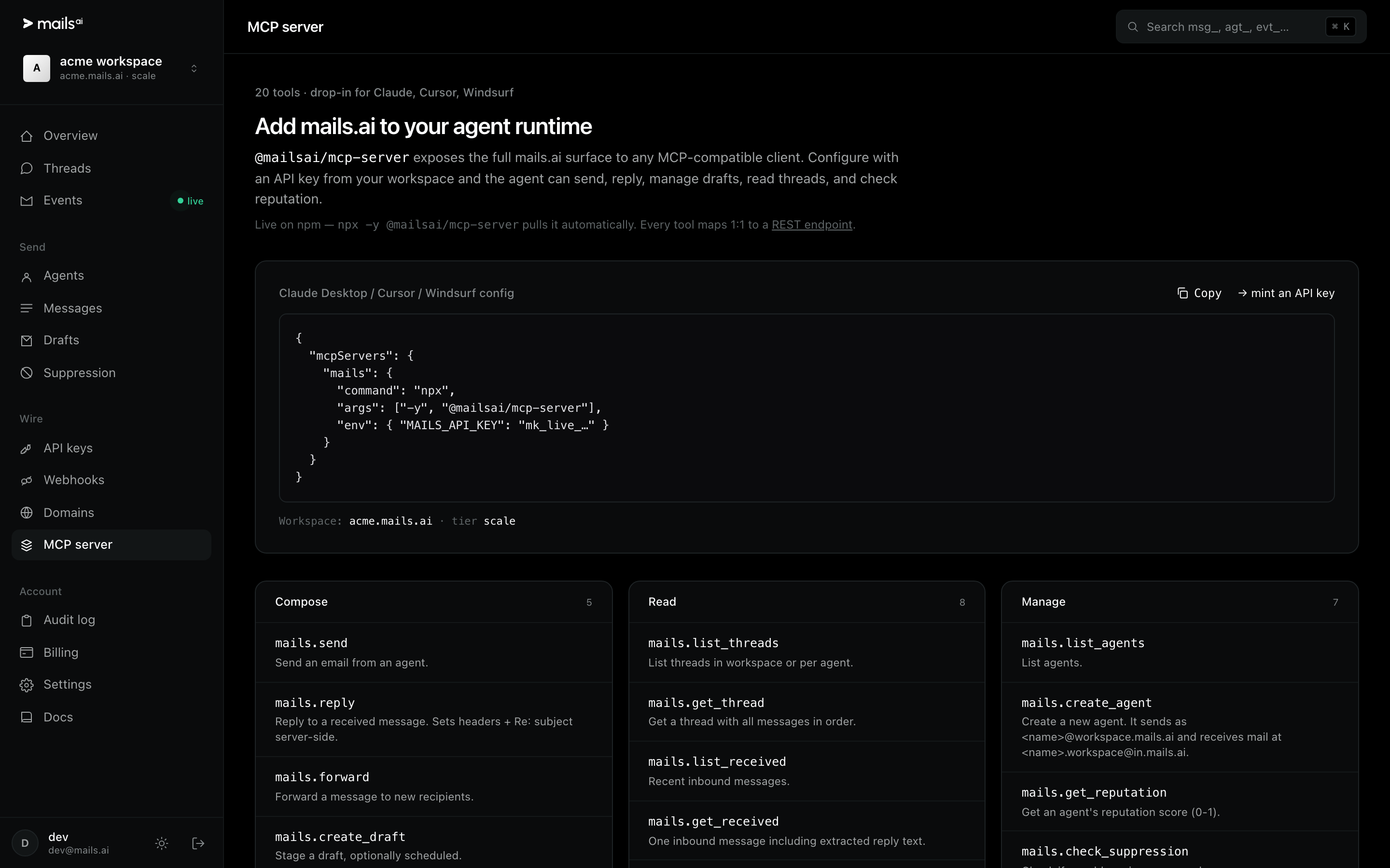 The MCP server page with the client configuration and the tool list
