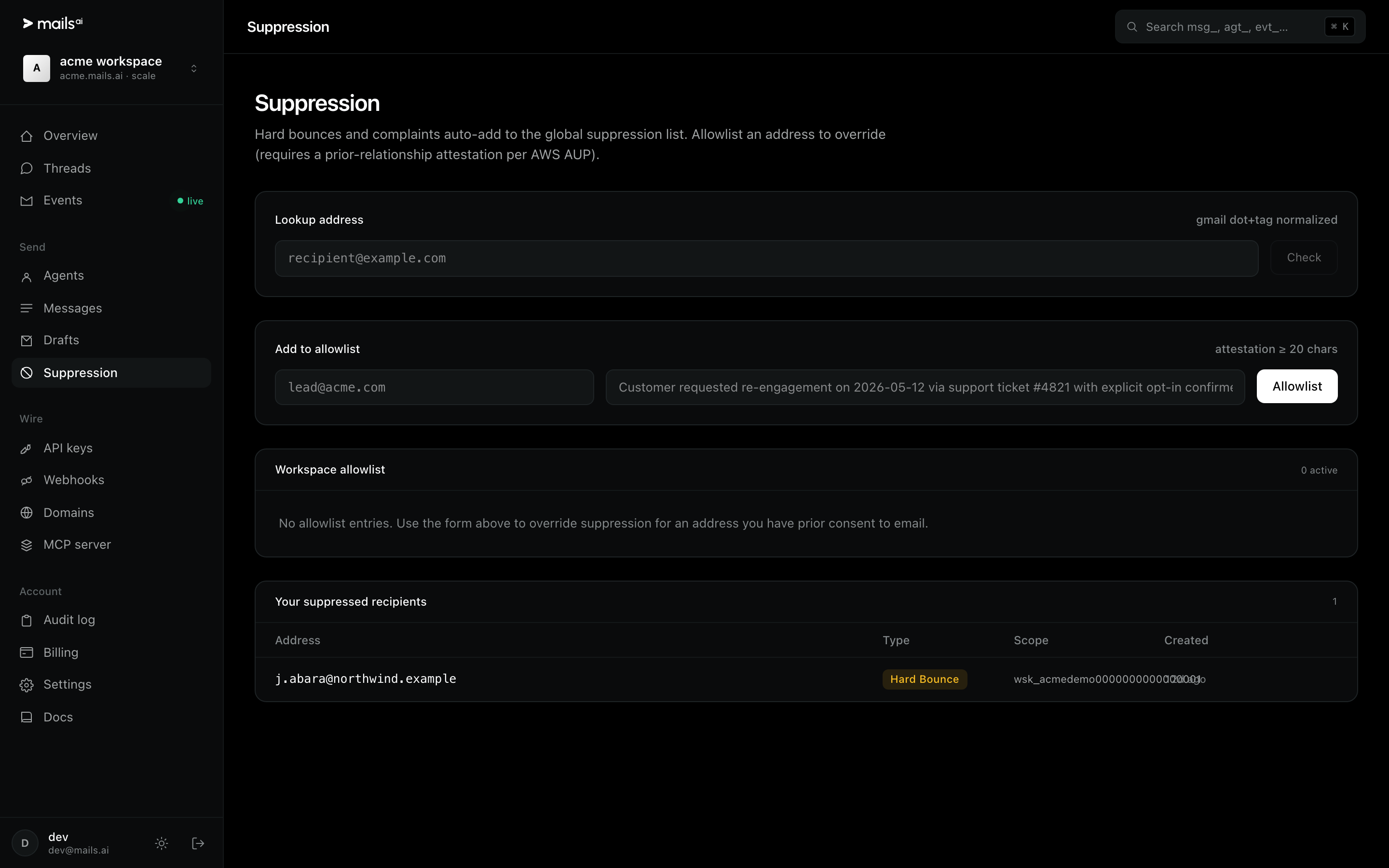 The suppression page, with a lookup box, the allowlist form, and suppressed recipients