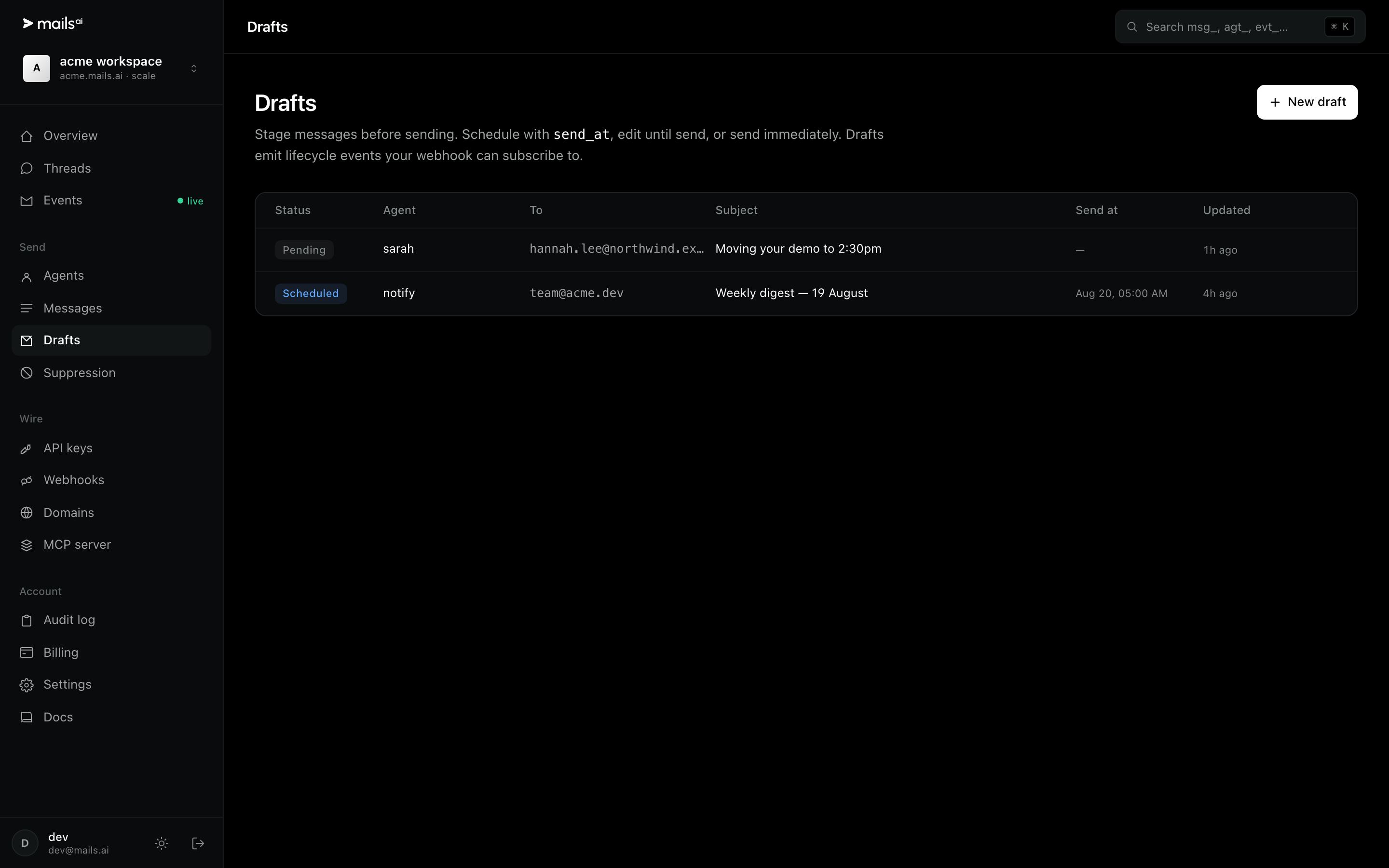 The drafts page, with a pending draft and a scheduled one