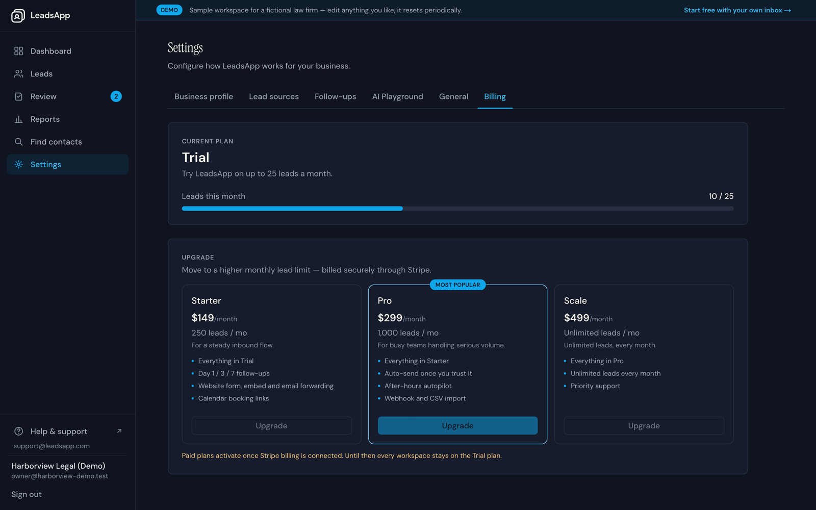 The Billing page showing leads used against the monthly plan limit