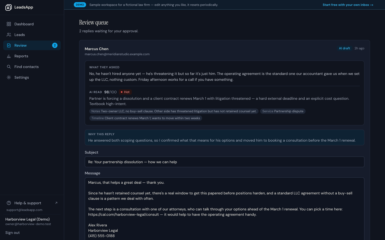 An AI draft offering a booking link after the lead answered the qualifying questions