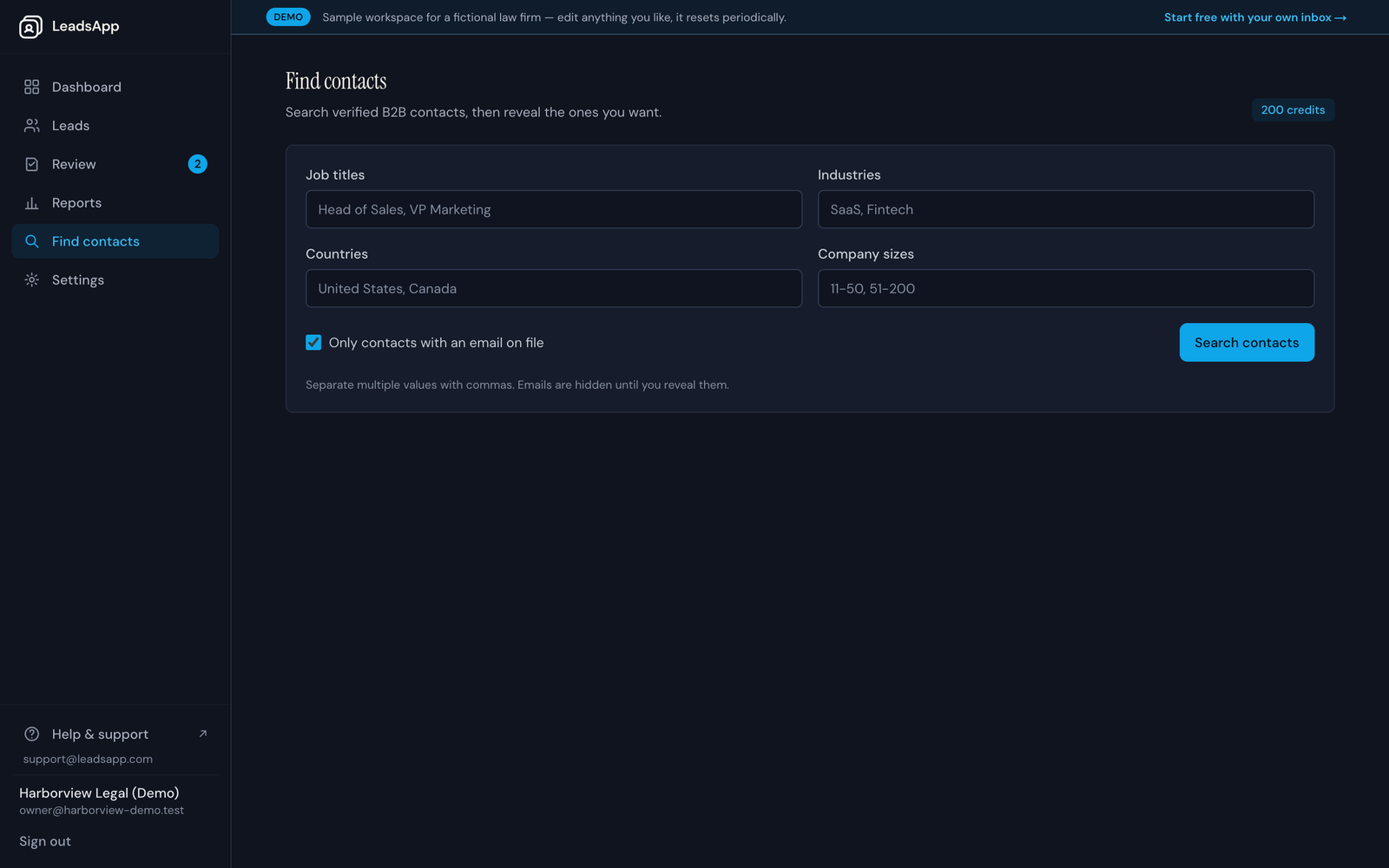 The Find contacts page where revealing an email address spends a credit