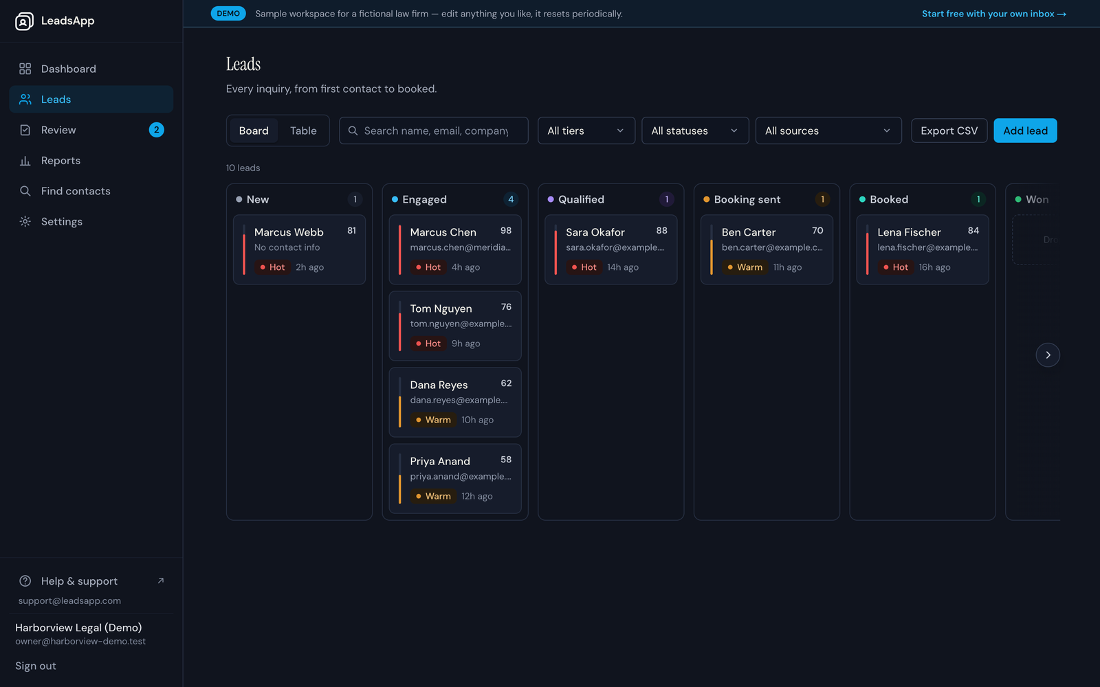 The Leads board showing leads across pipeline stages with their AI scores