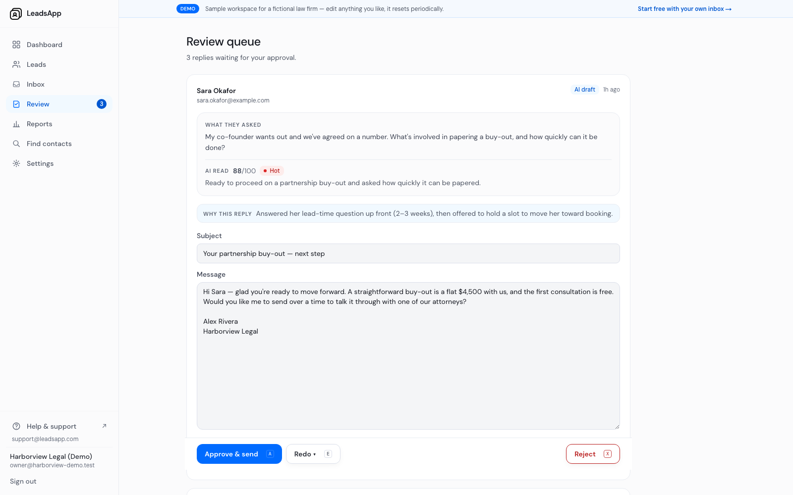 The review queue showing an AI draft with its score and reasoning