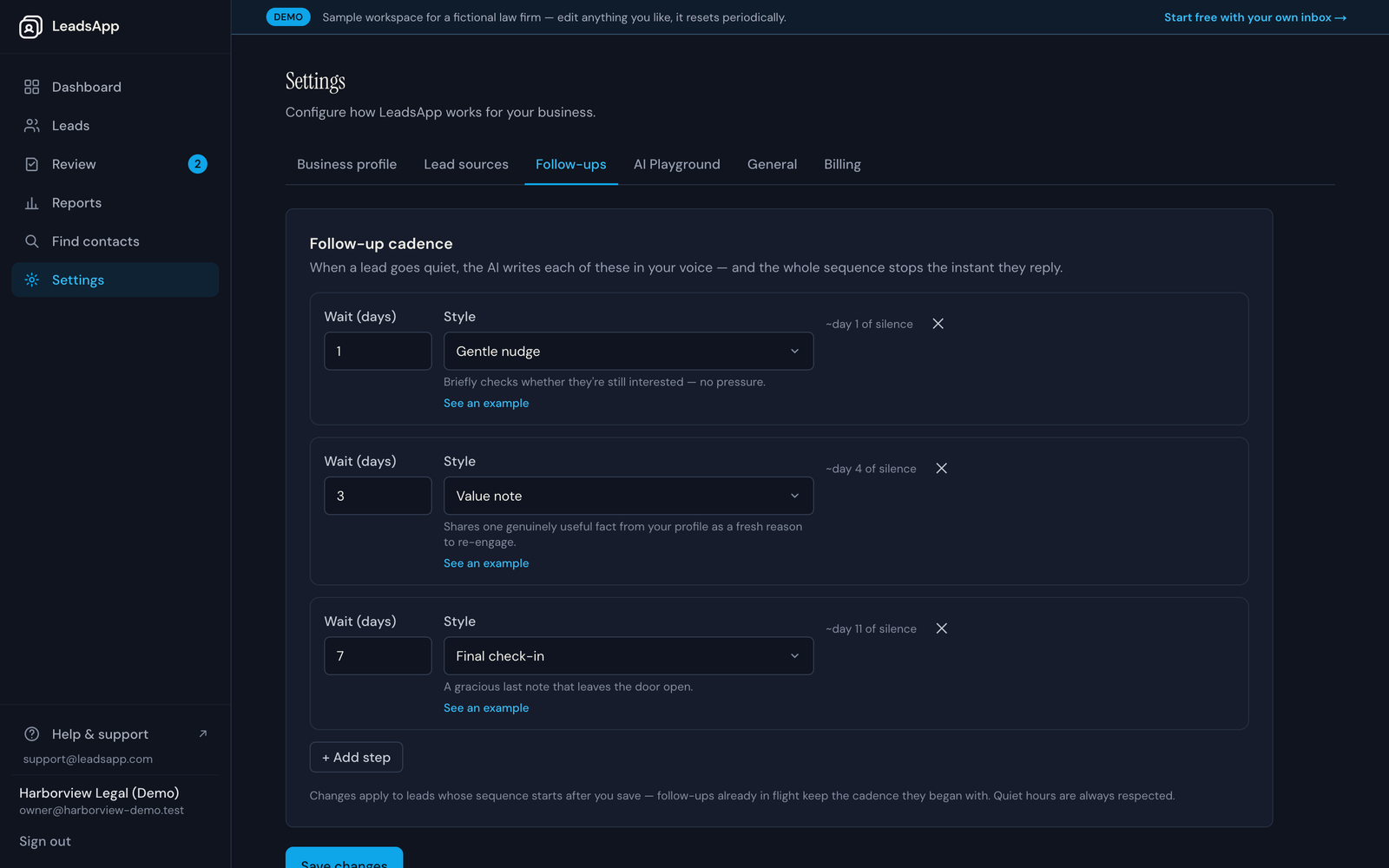 The Follow-ups settings page showing wait days and style for each step