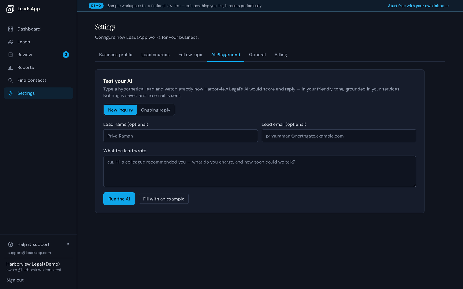 The AI Playground where a test inquiry produces a draft reply