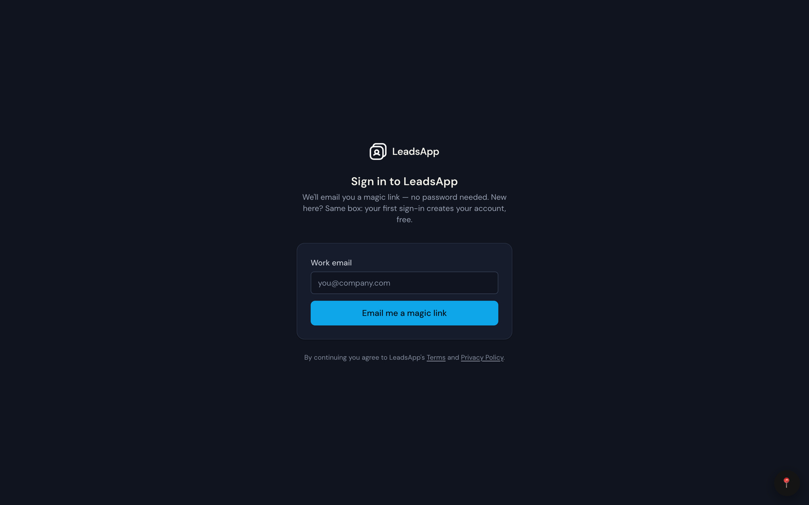The LeadsApp sign-in screen asking for a work email to send a magic link