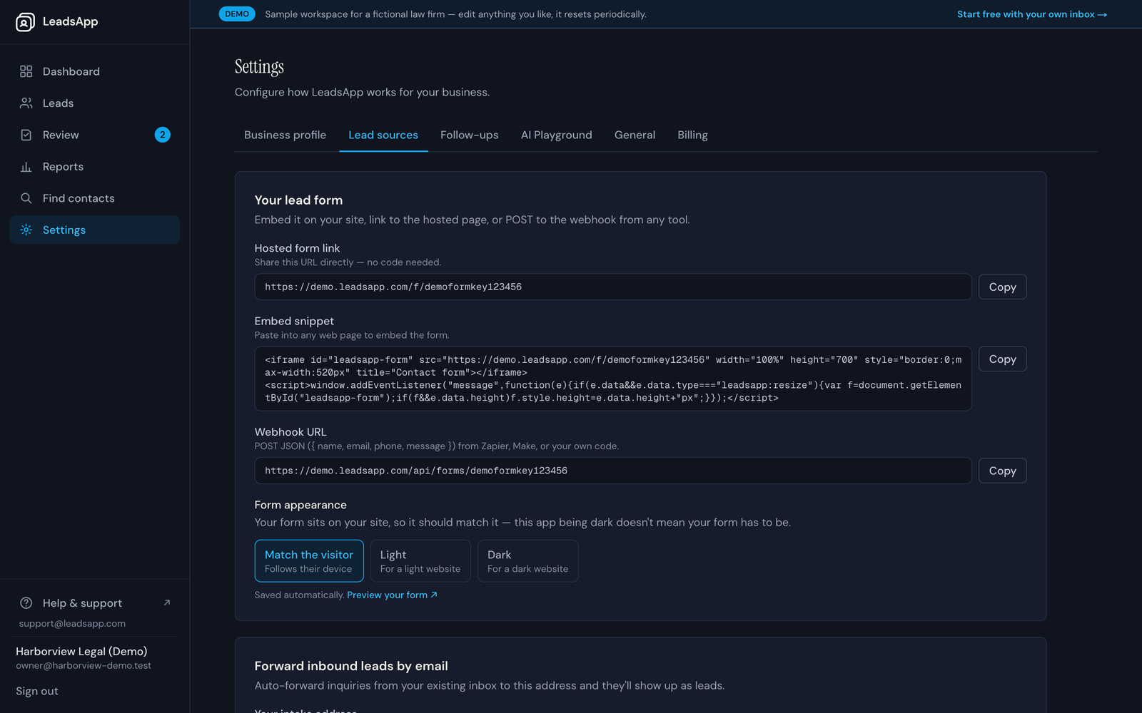 The Lead sources settings page showing the hosted form link, embed snippet and webhook URL