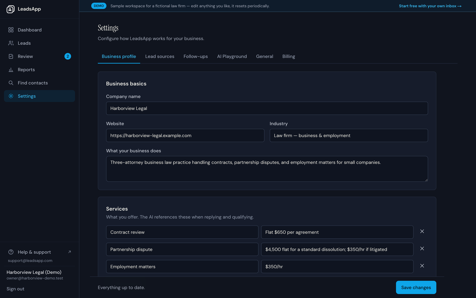 The Business profile settings page where services, pricing and tone are described
