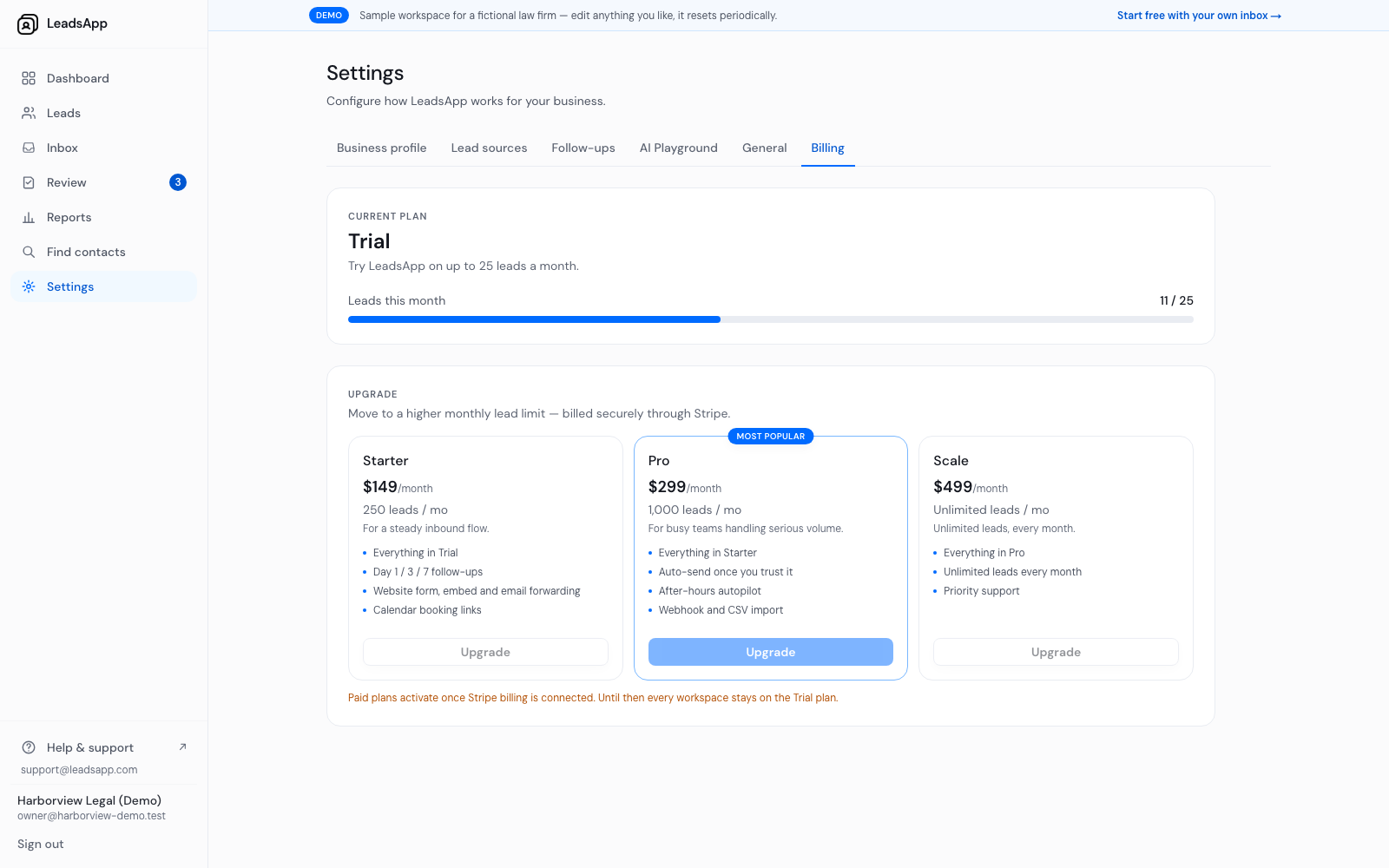 The billing page showing leads used against the monthly plan limit