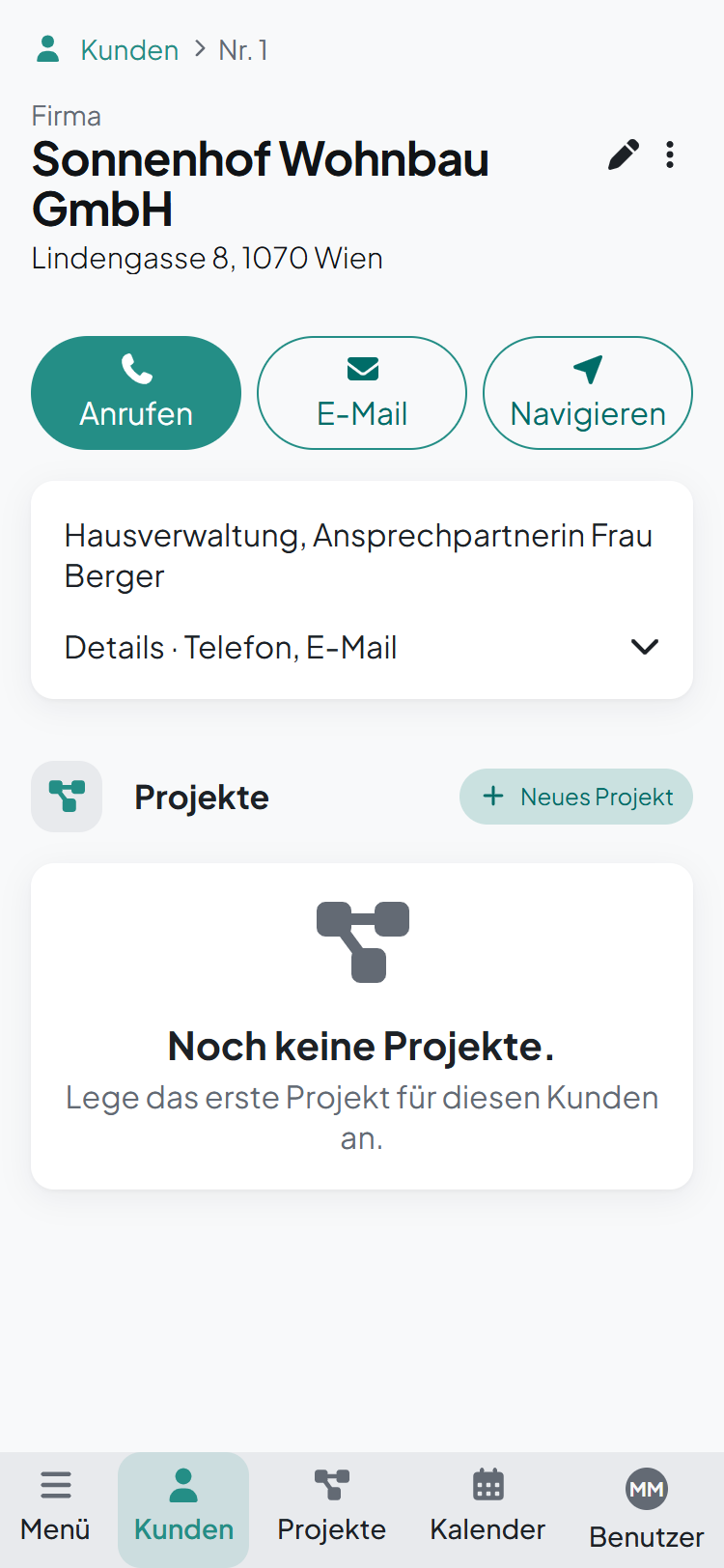 Customer page on a phone with call, email and navigation