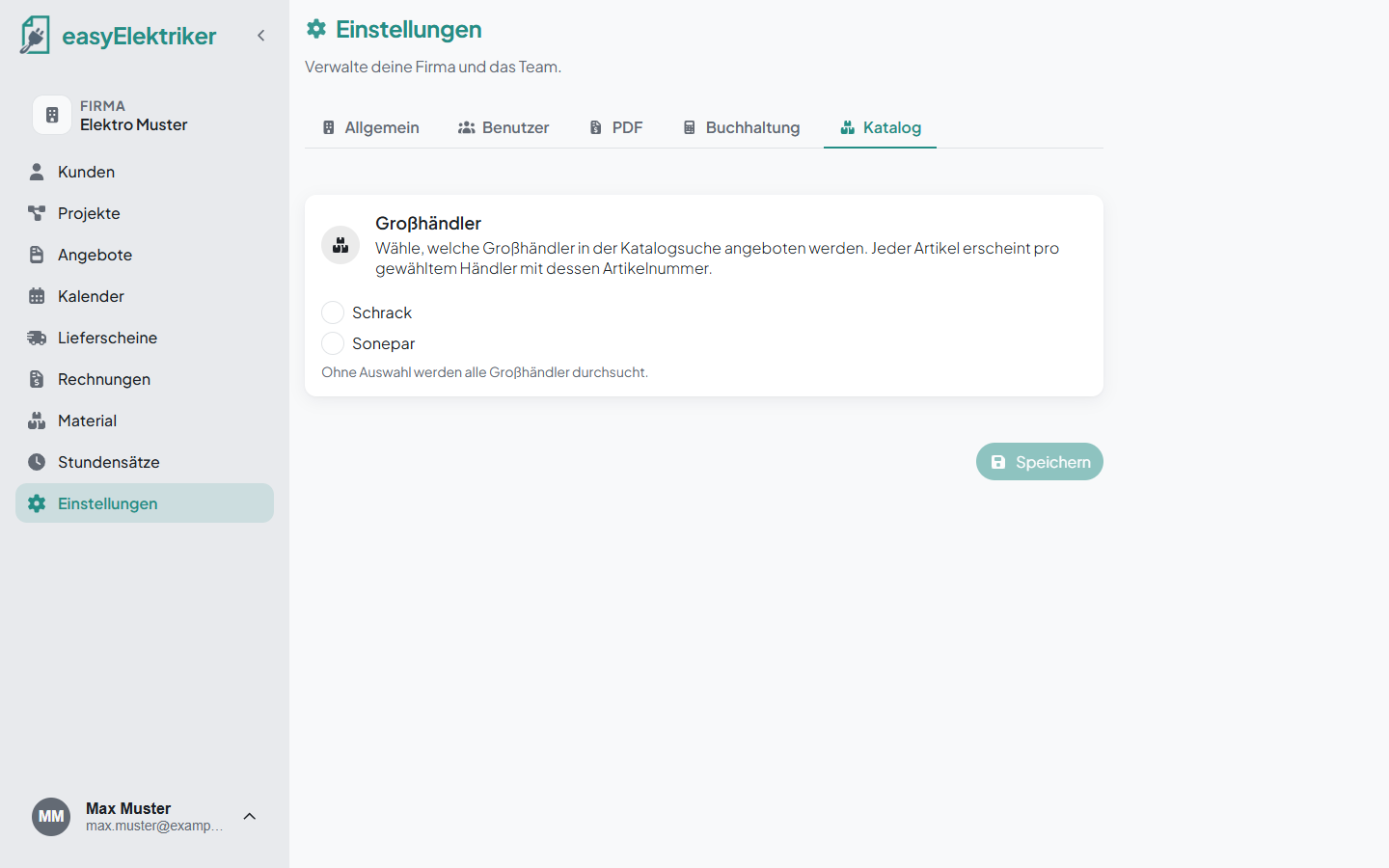 Settings, catalog tab with wholesaler selection