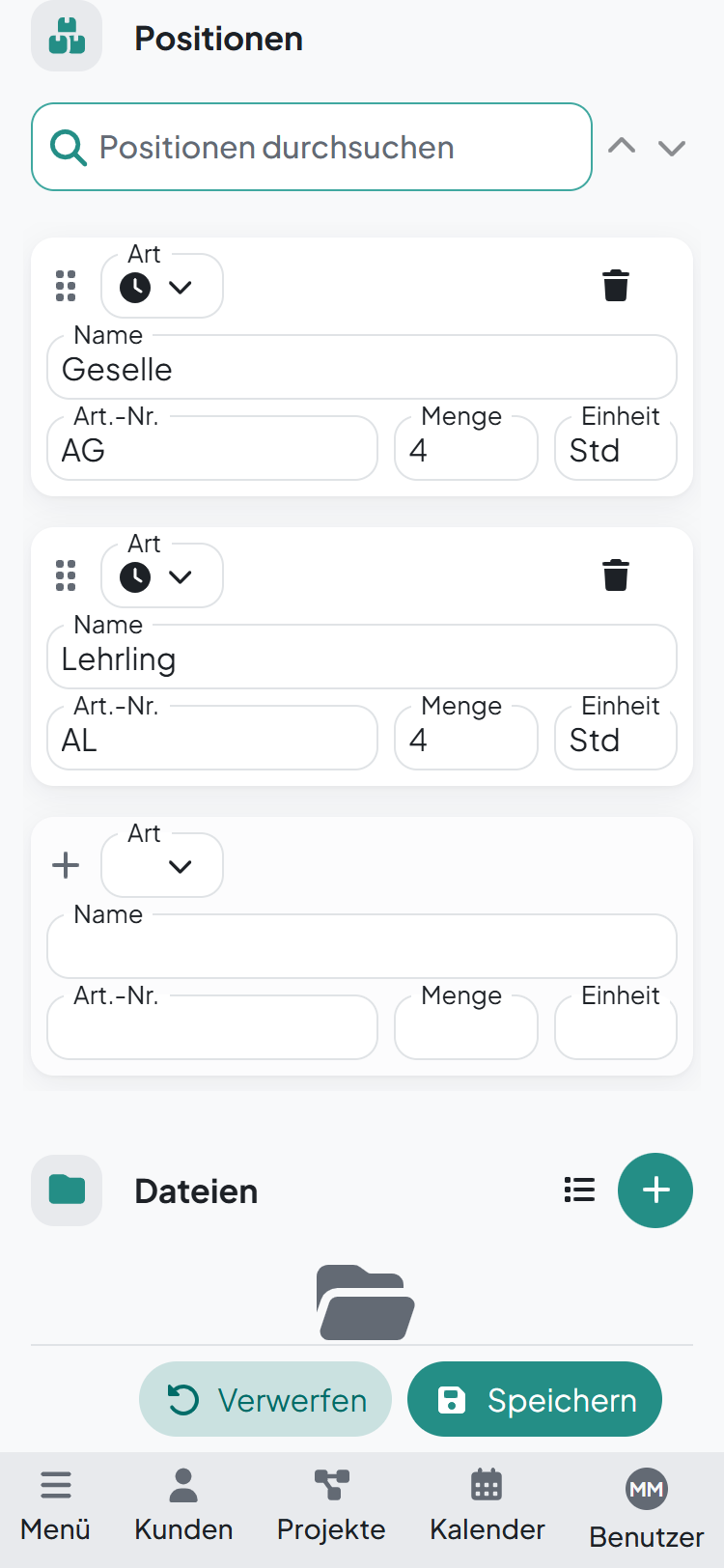 Lieferschein am Handy mit 4 Stunden Geselle und 4 Stunden Lehrling