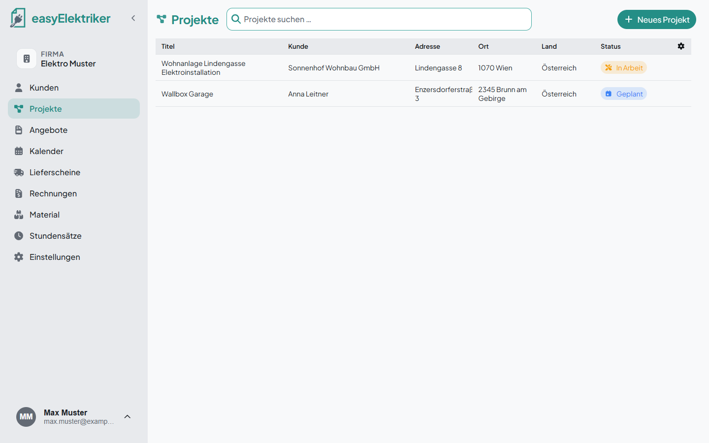 Projektliste mit Suche, Status und Zahnrad