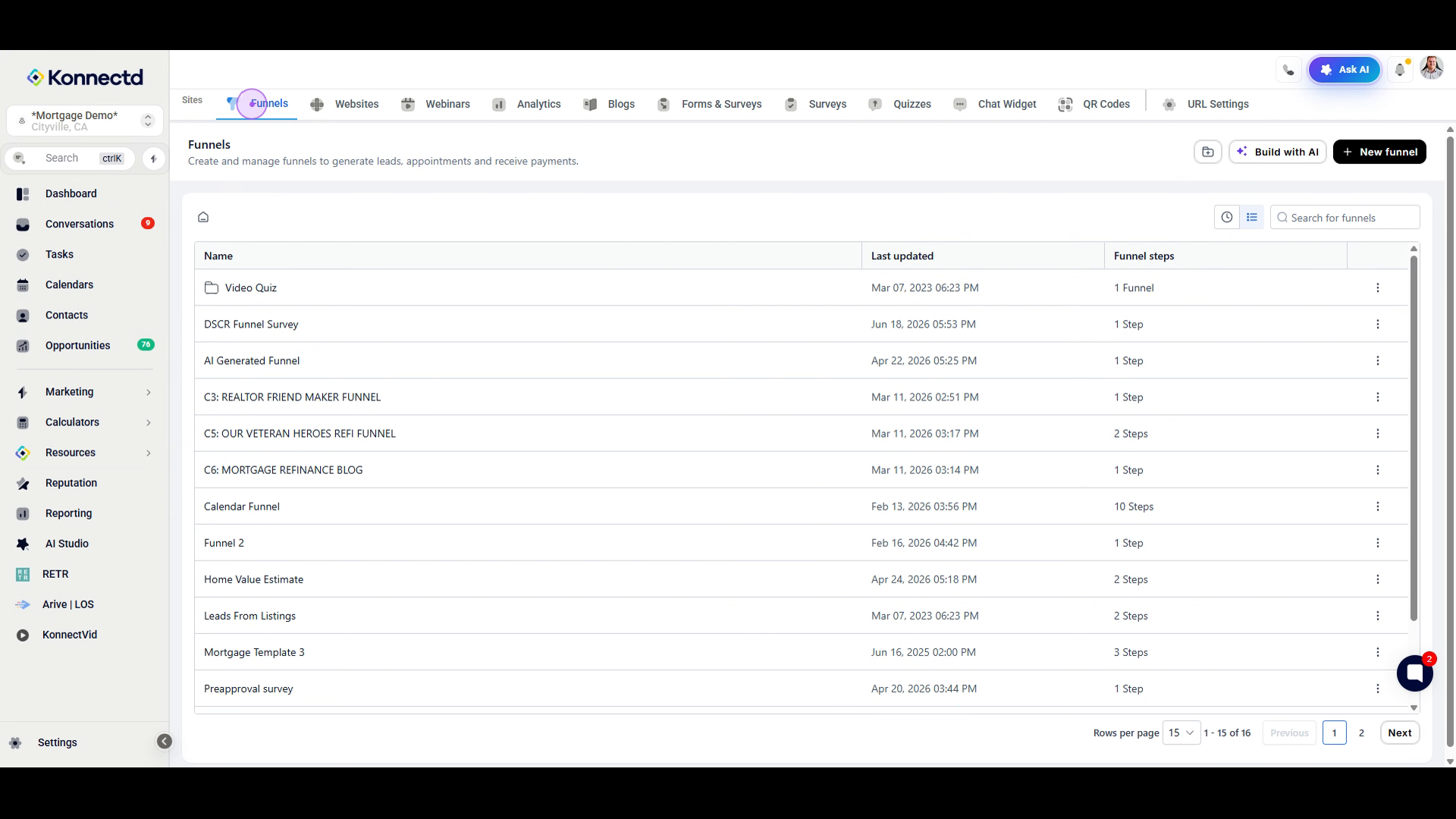Navigate to Marketing > Sites > Funnels