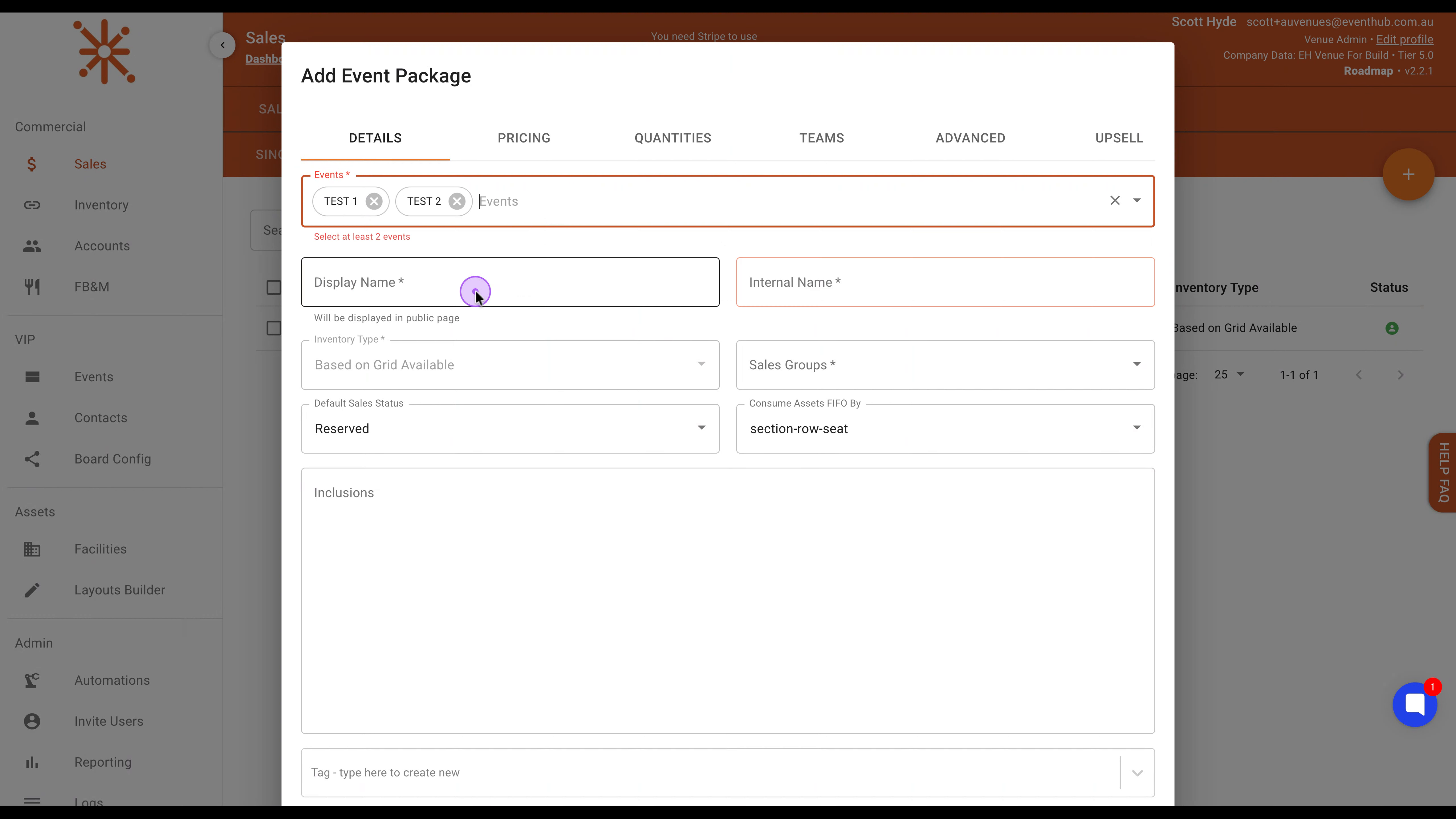 Select Events for the Package