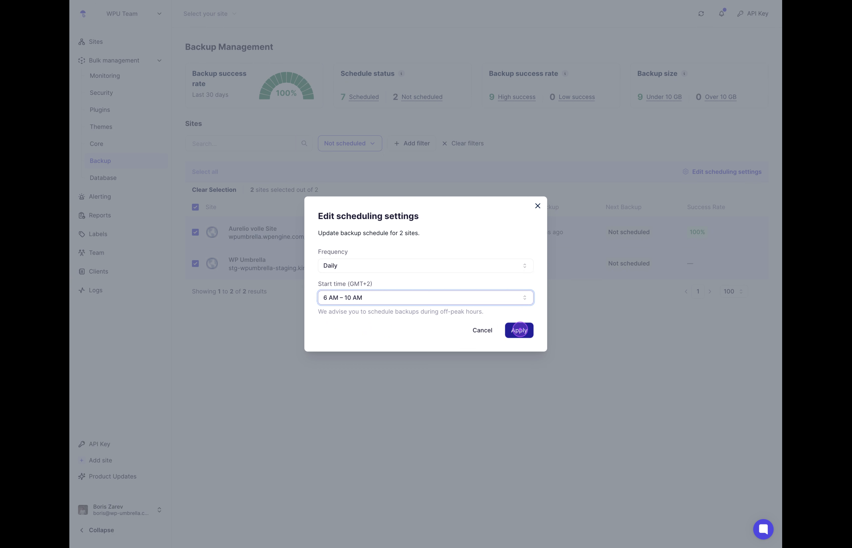 Clicking Apply button in the Edit scheduling settings modal for unscheduled sites