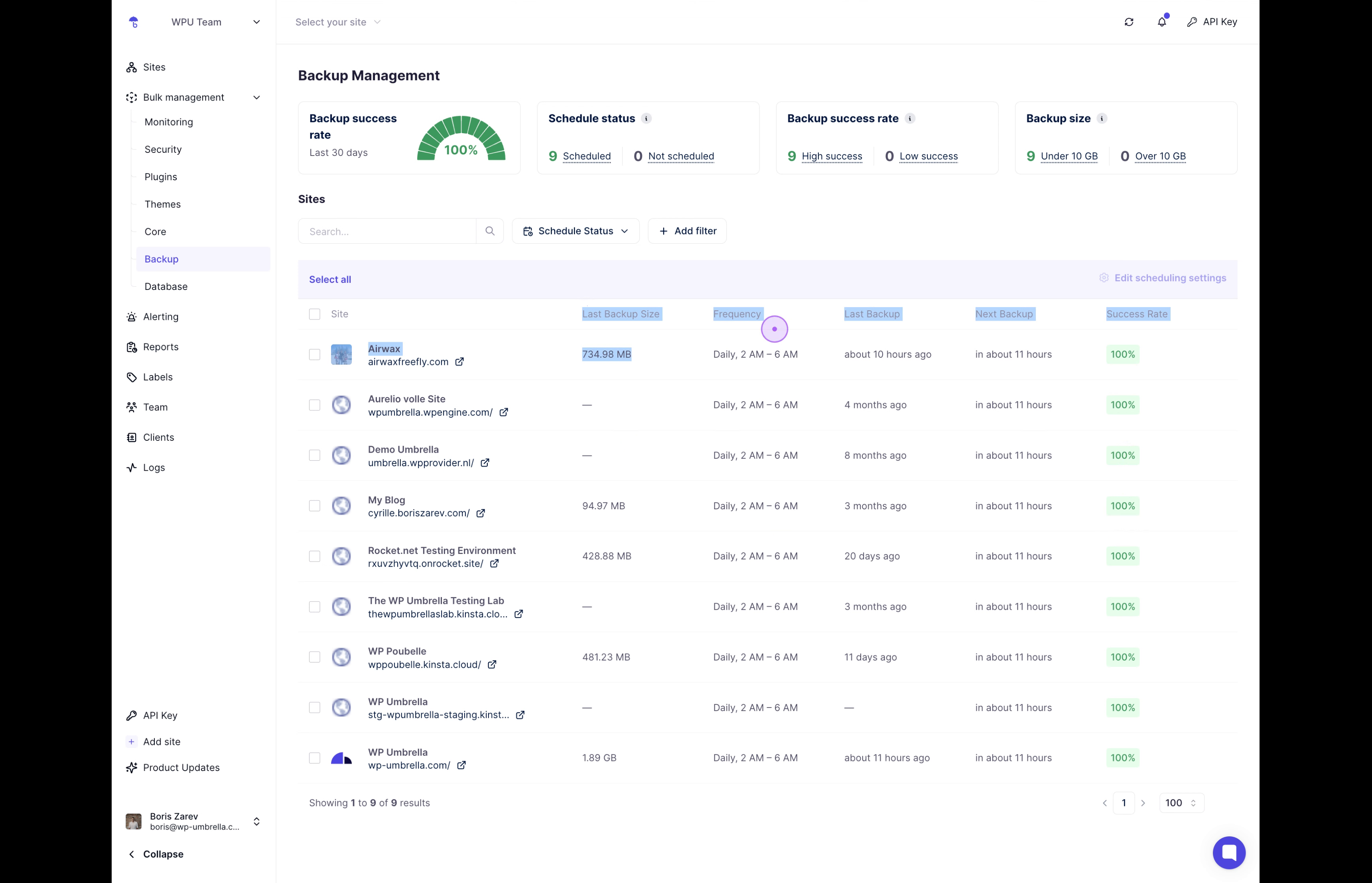 Sites table showing all sites with Daily 2 AM - 6 AM schedule and 100% success rate