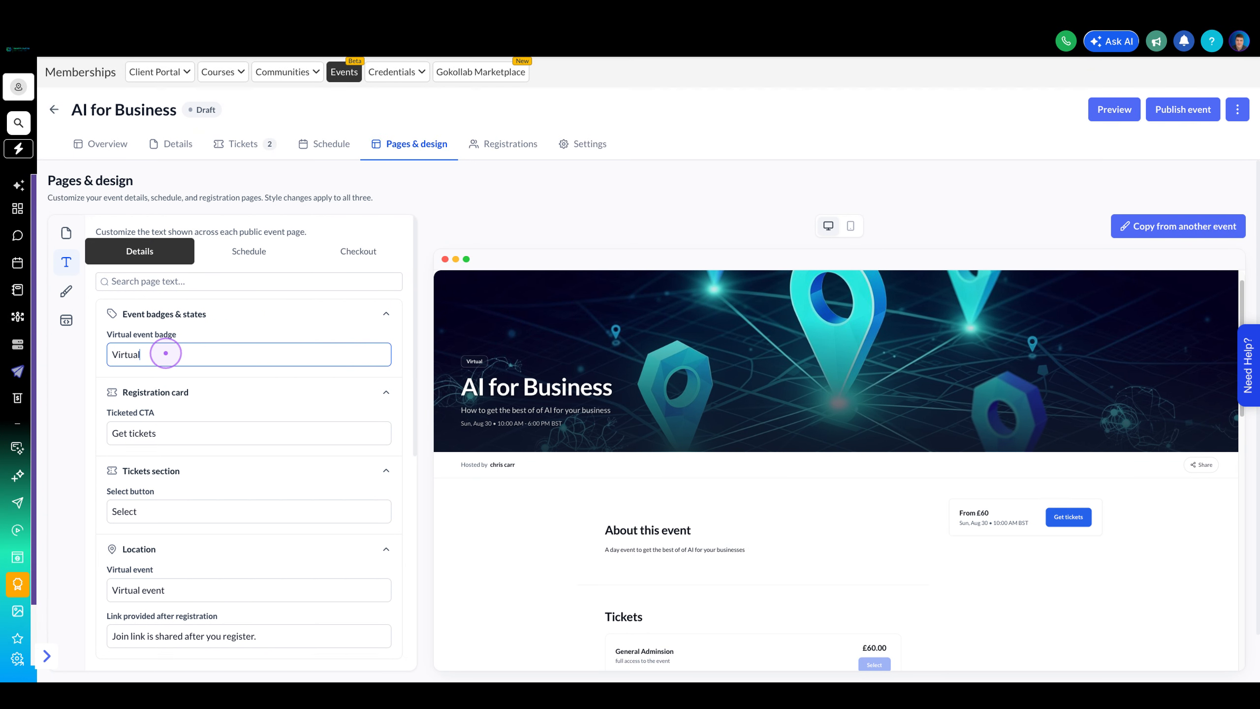 Customize the Virtual event badge