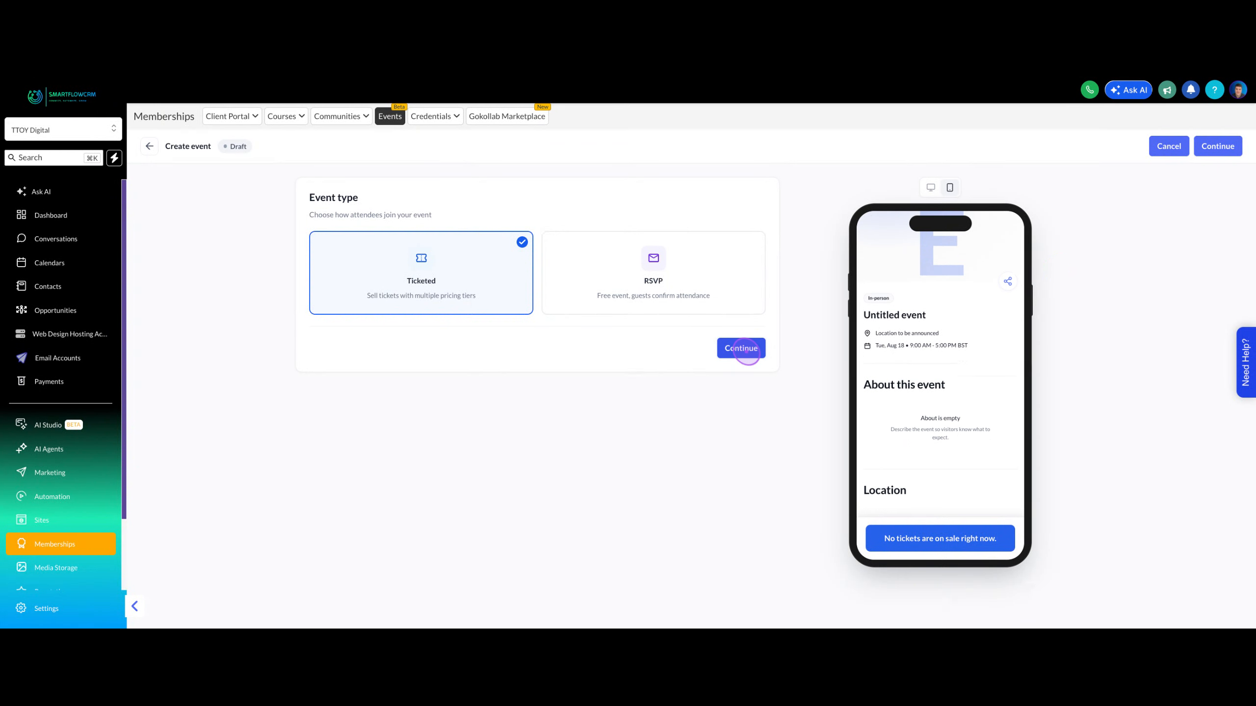 Select Ticketed Event Type