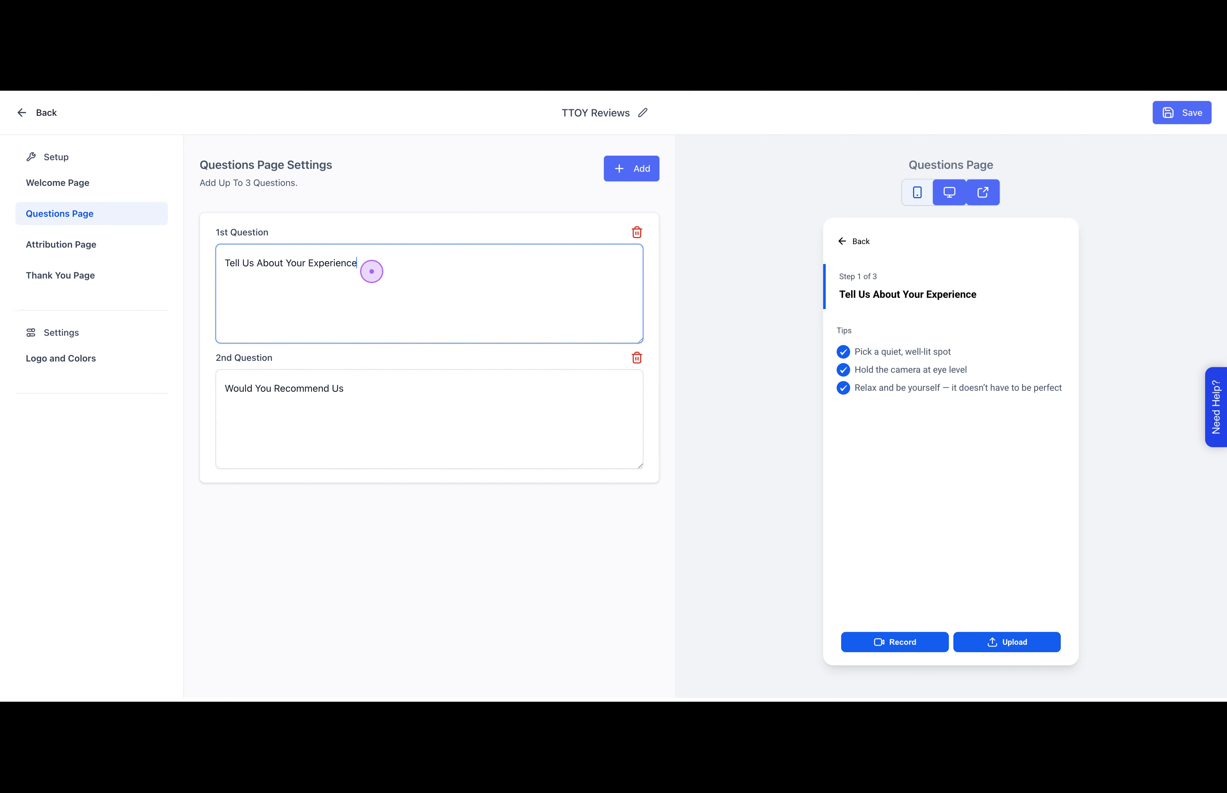 Set up the Questions Page
