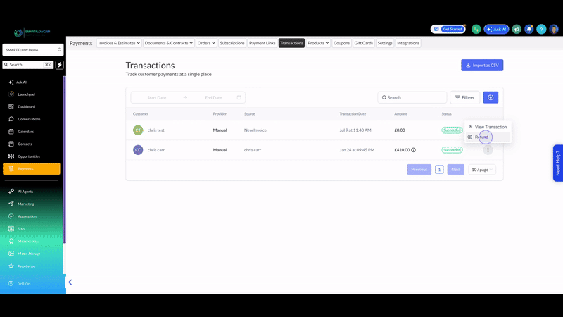 Select the Refund option
