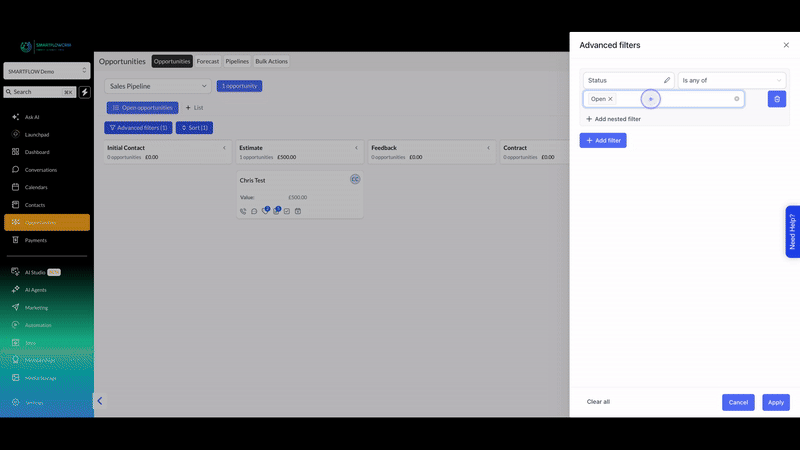 Remove filter values and reset the view