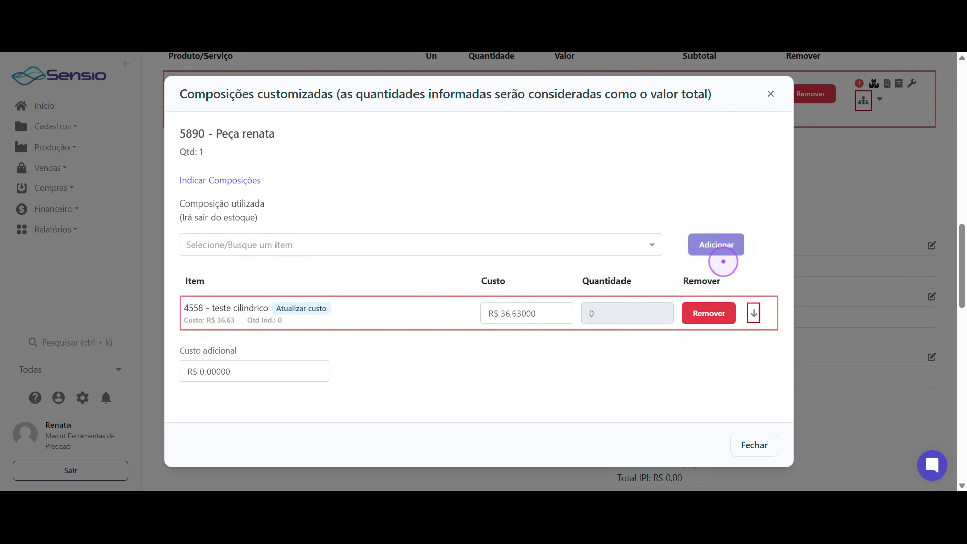 Adicione o primeiro item de composição