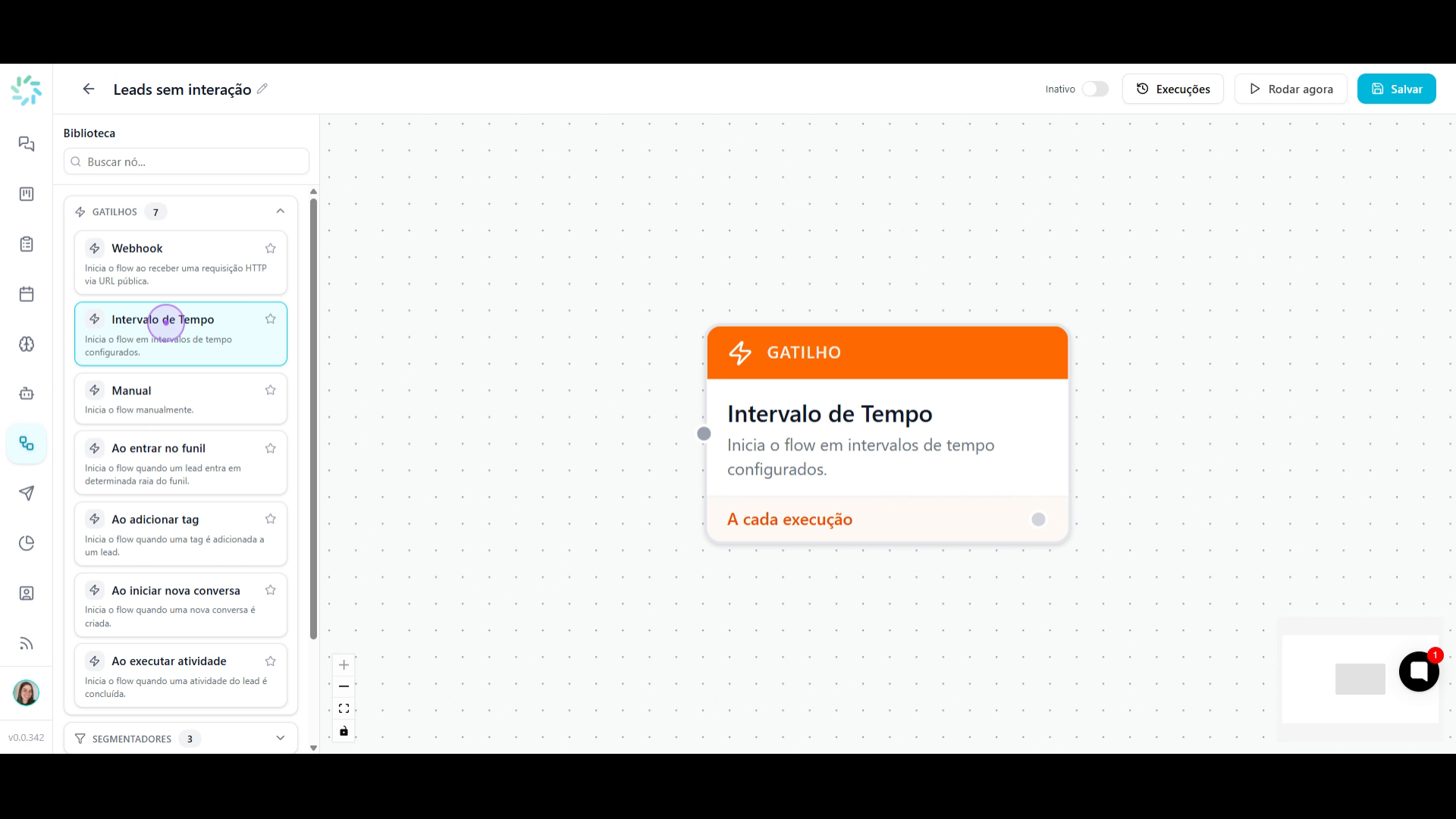 Gatilho 'Intervalo de Tempo' selecionado na biblioteca