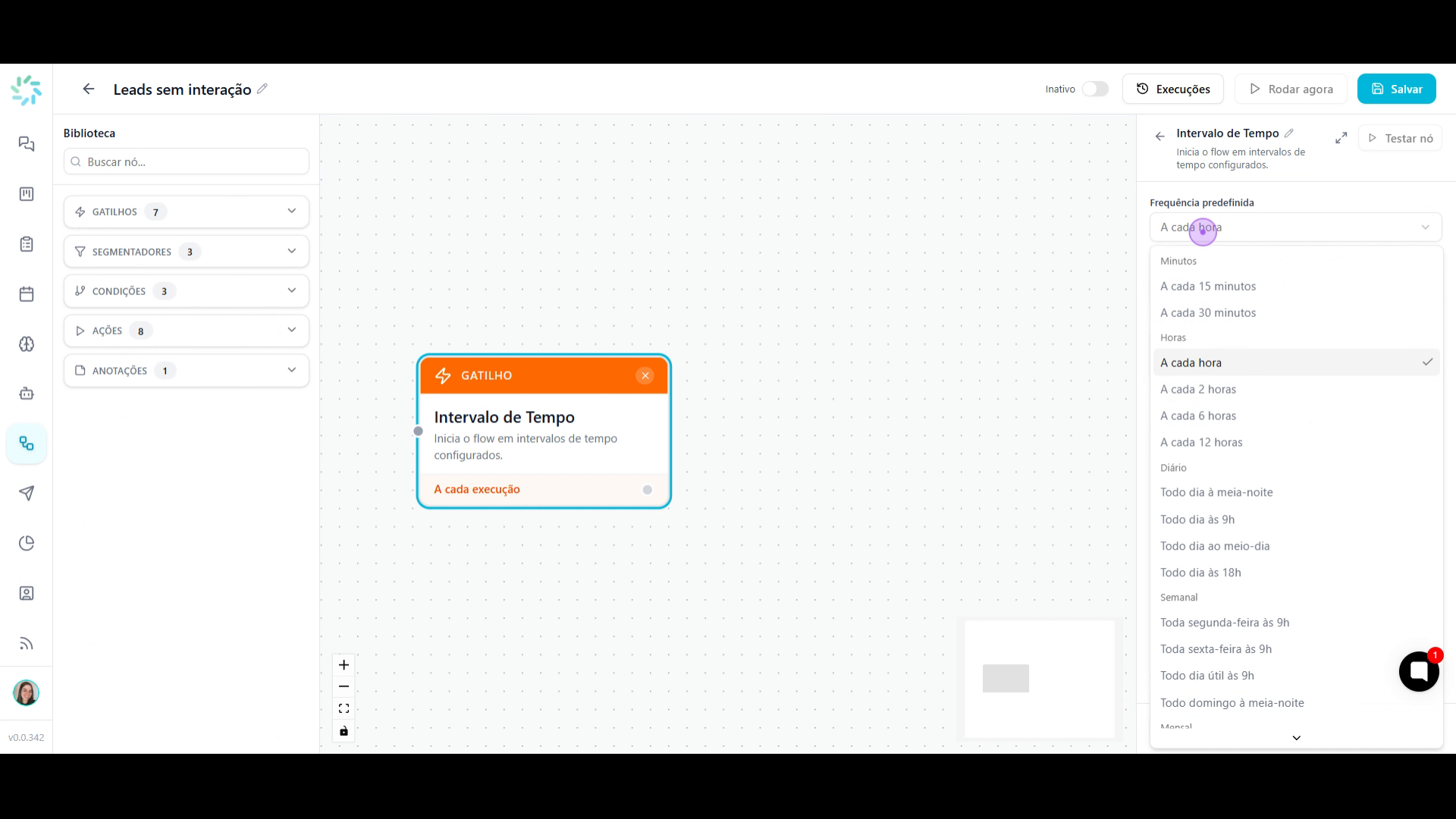 Painel de configuração do gatilho com opções de frequência
