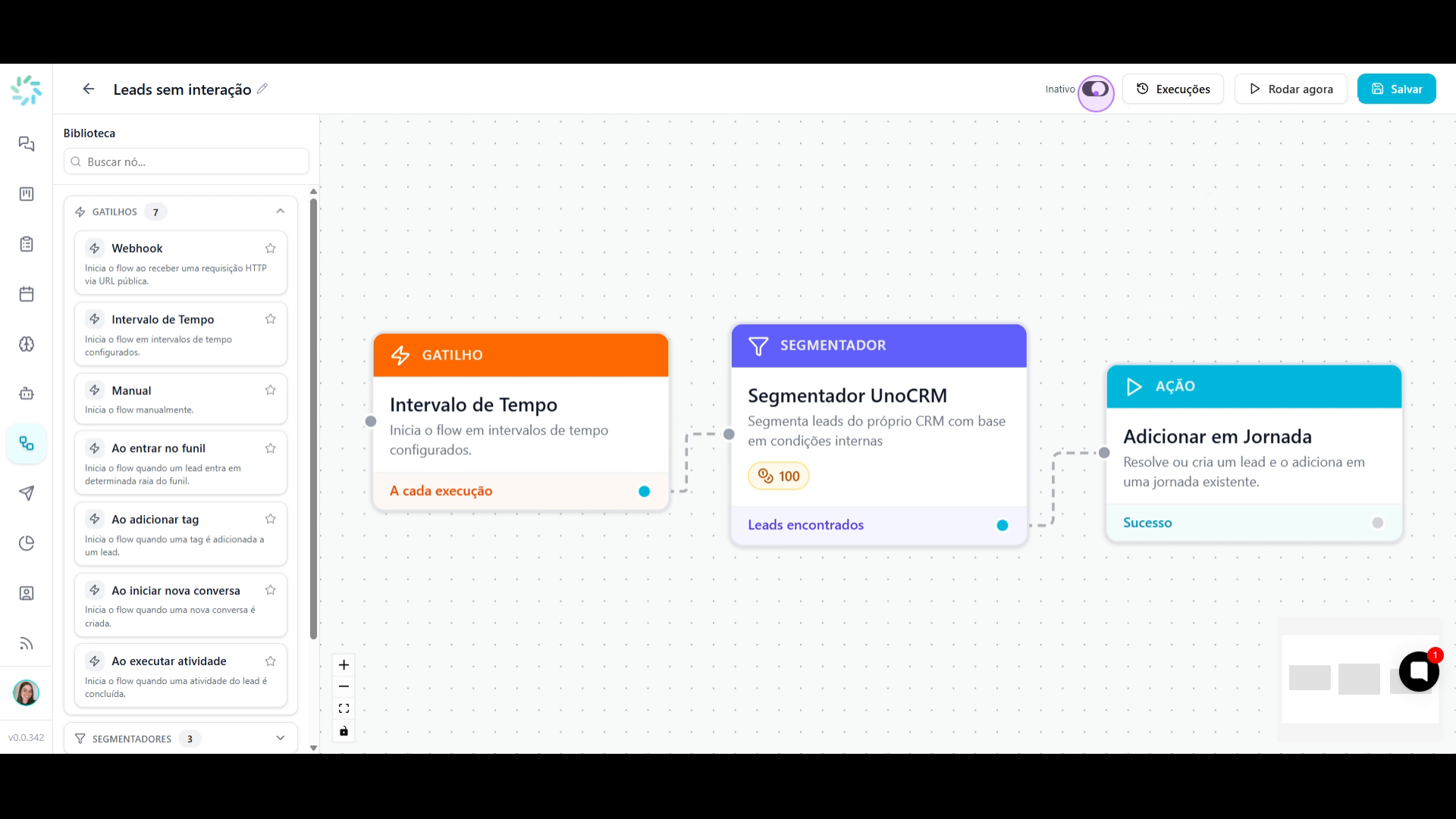 Toggle de ativação clicado, fluxo ativo