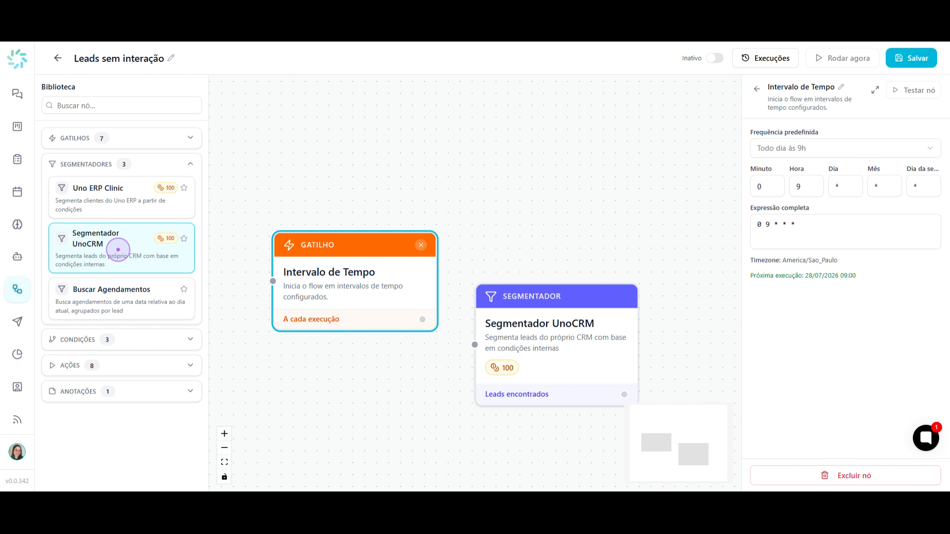 Segmentador UnoCRM selecionado para adicionar ao fluxo
