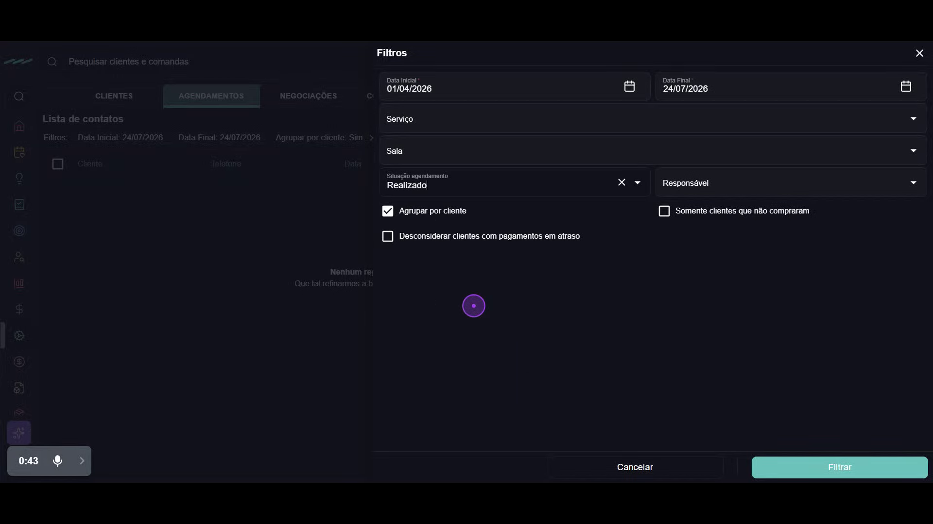 Configure o intervalo de datas e o filtro de status