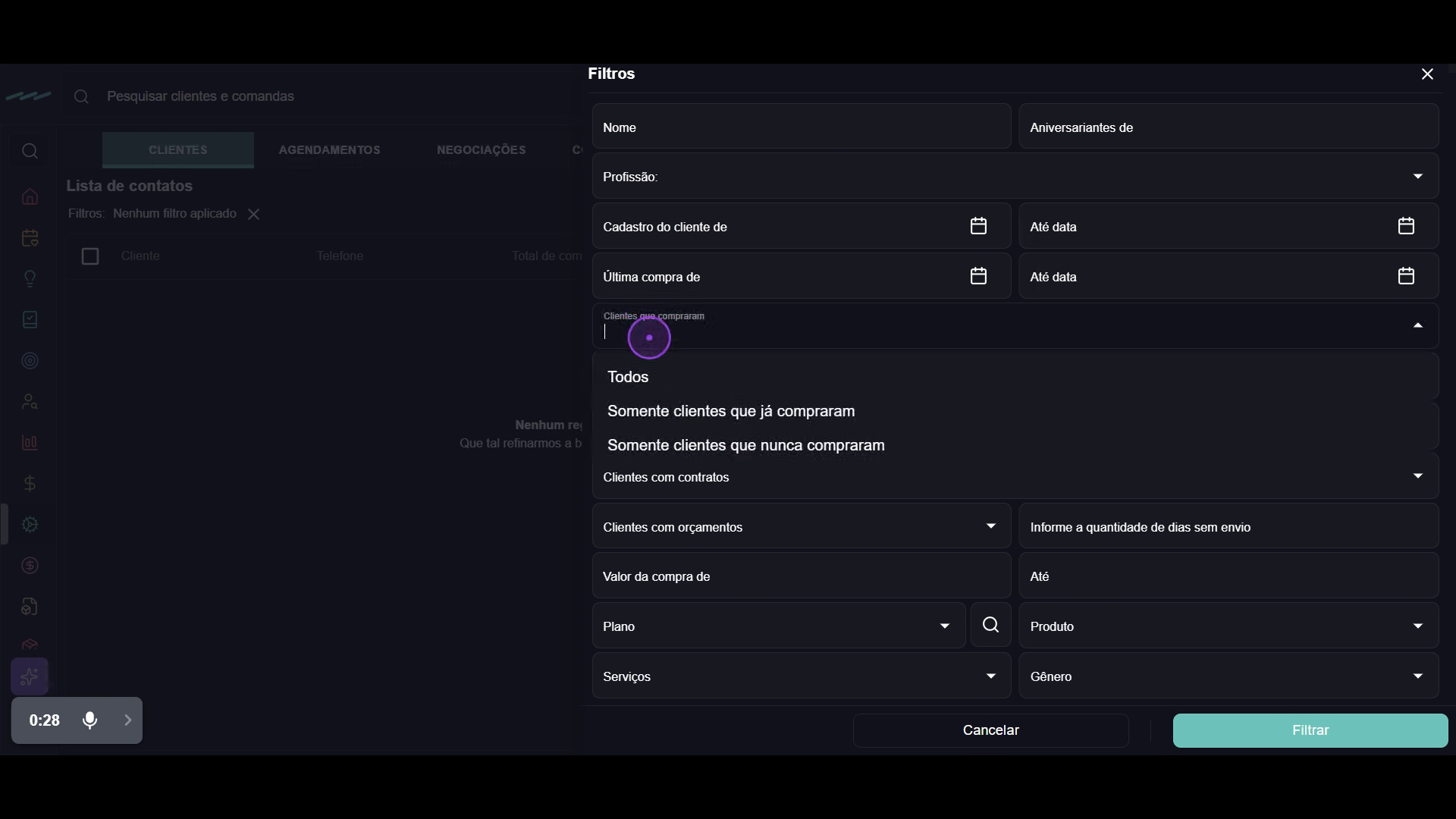 Configure os critérios de filtro