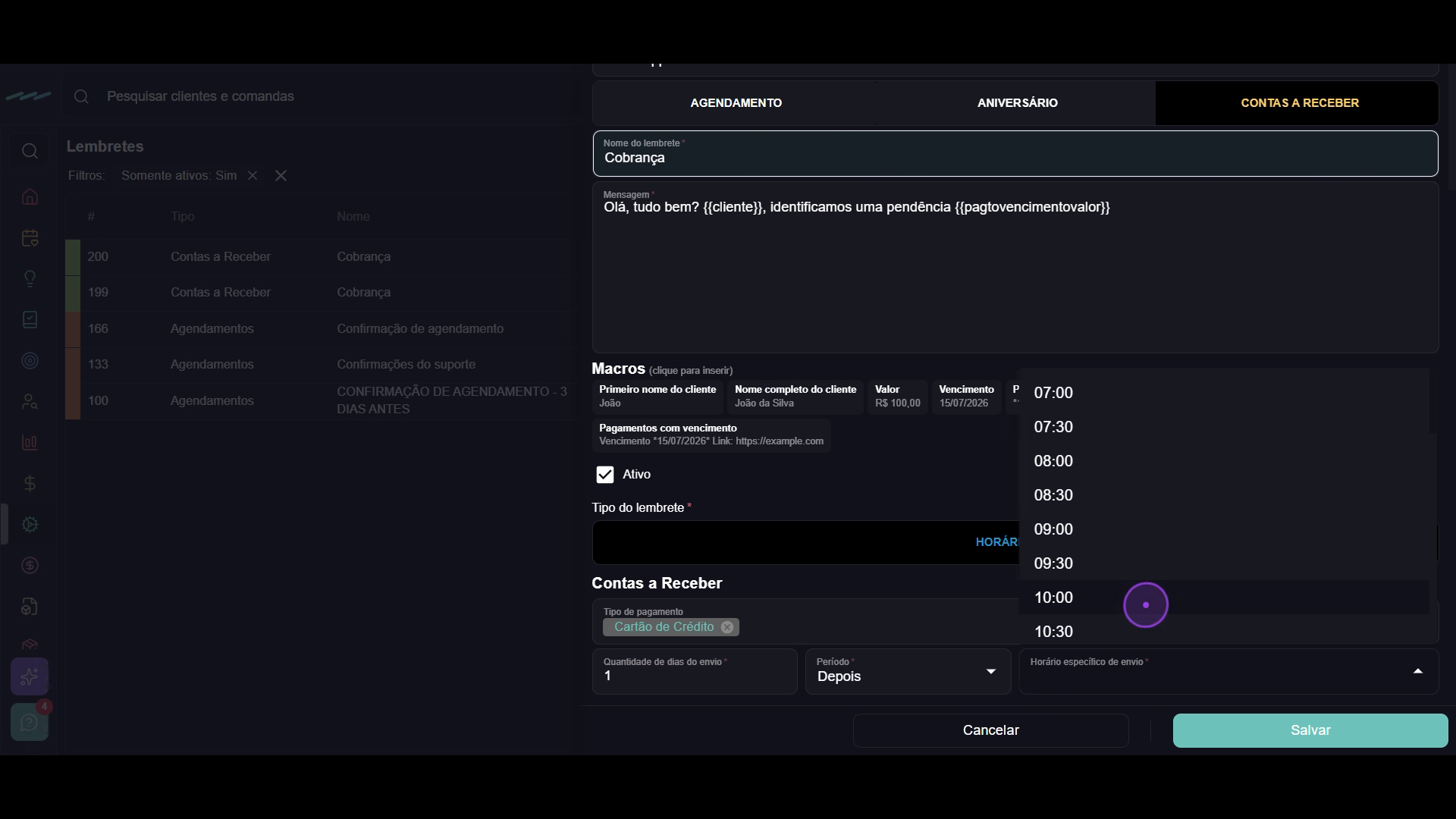 Configure as opções de pagamento e agendamento