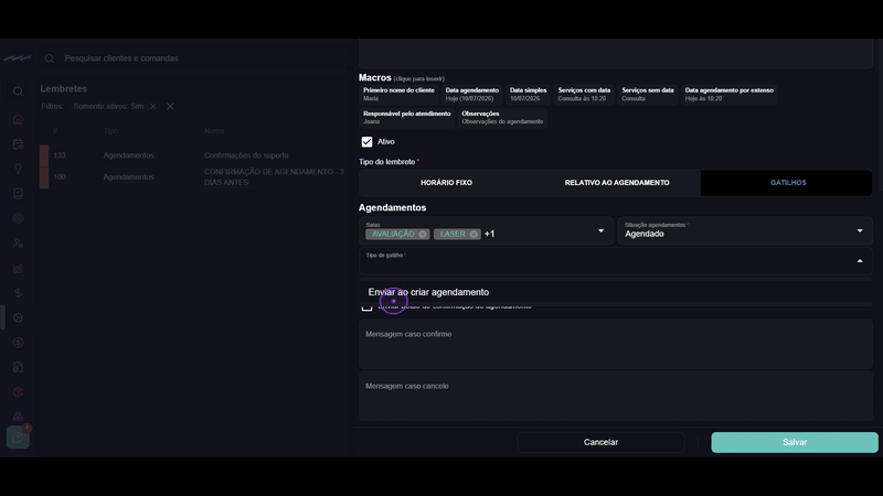 Configure o gatilho de envio automático