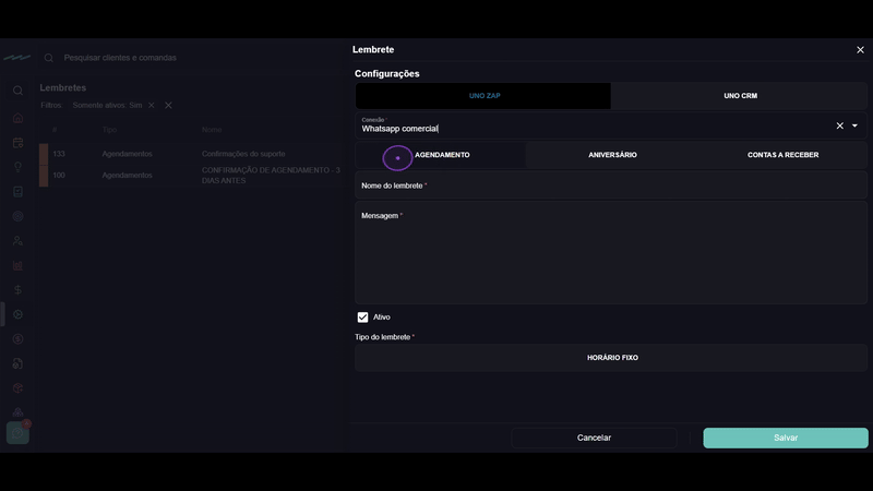 Configure a conexão e tipo de lembrete
