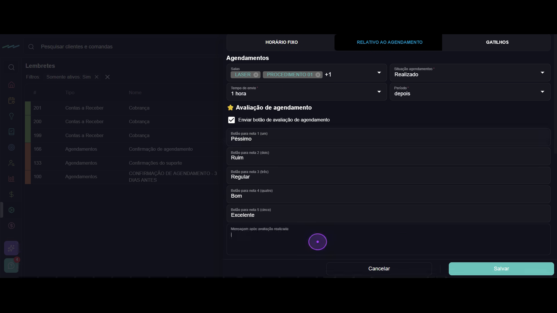 Ative a avaliação do agendamento